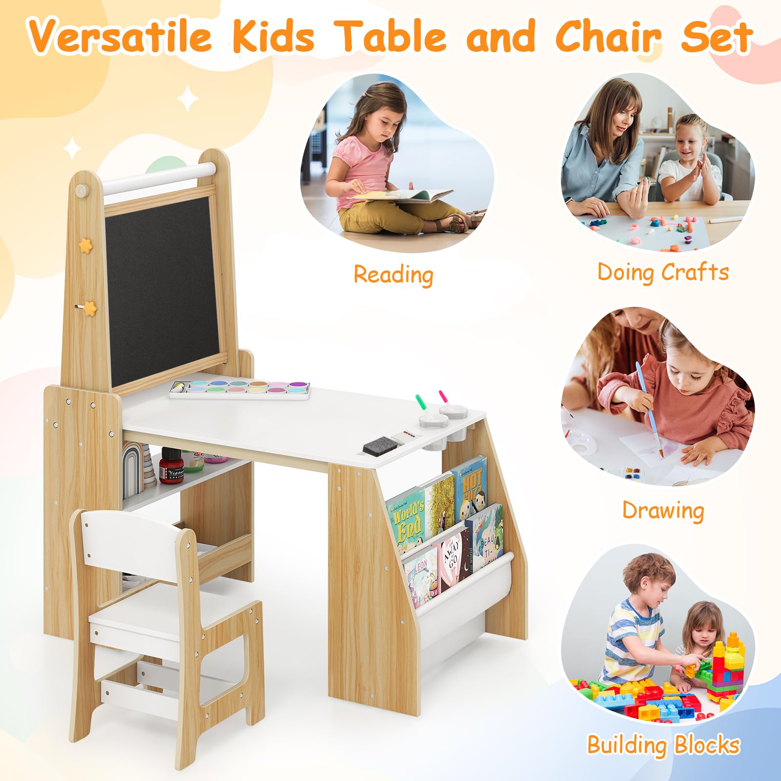 Kids Art Table and Chair Set with Easel - 4-in-1 Wooden Activity Desk