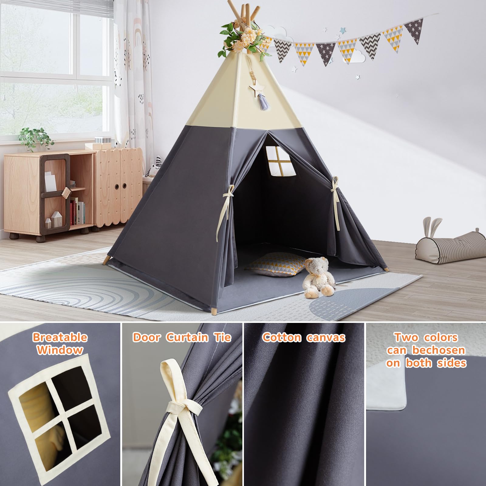 Kids Cotton Canvas Teepee Play Tent with Mat