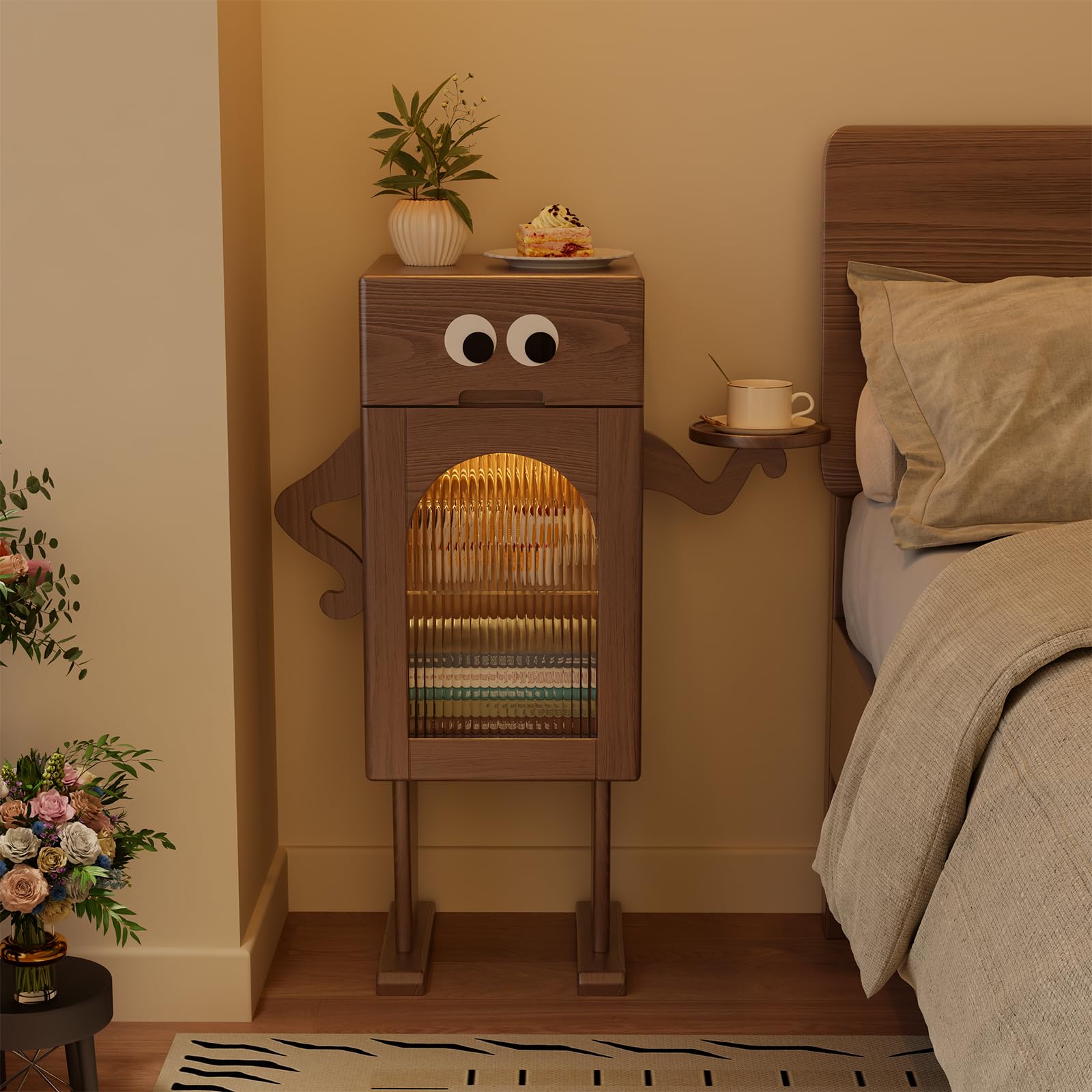 Solid Wood Nightstand with LED Light and Adjustable Dividers