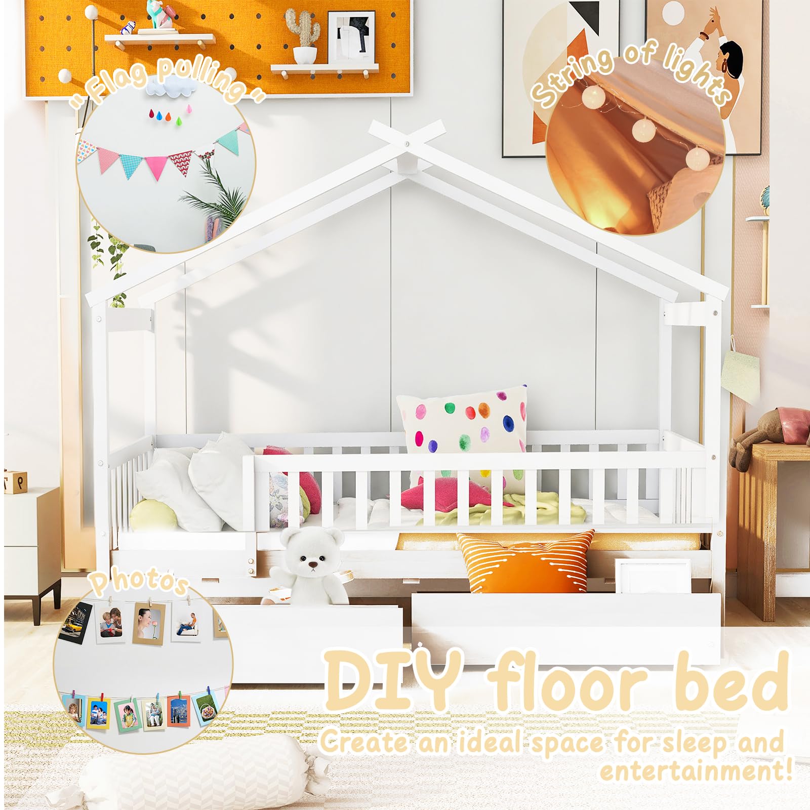 Twin House Bed with Storage Drawers for Kids