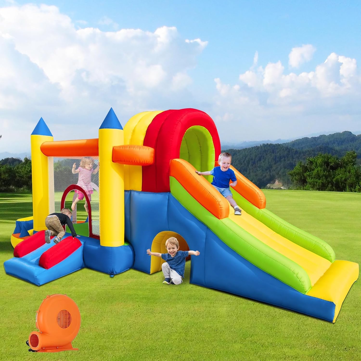 8-in-1 Inflatable Bounce House with Dual Slides and Climbing Wall