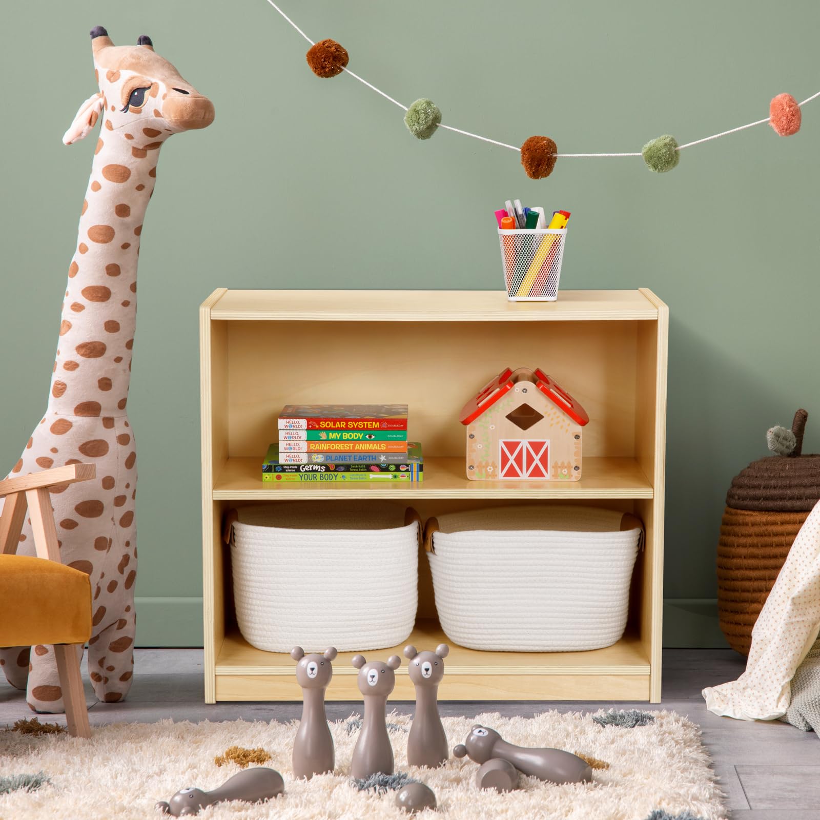 2-Tier Wooden Montessori Storage Shelf for Kids