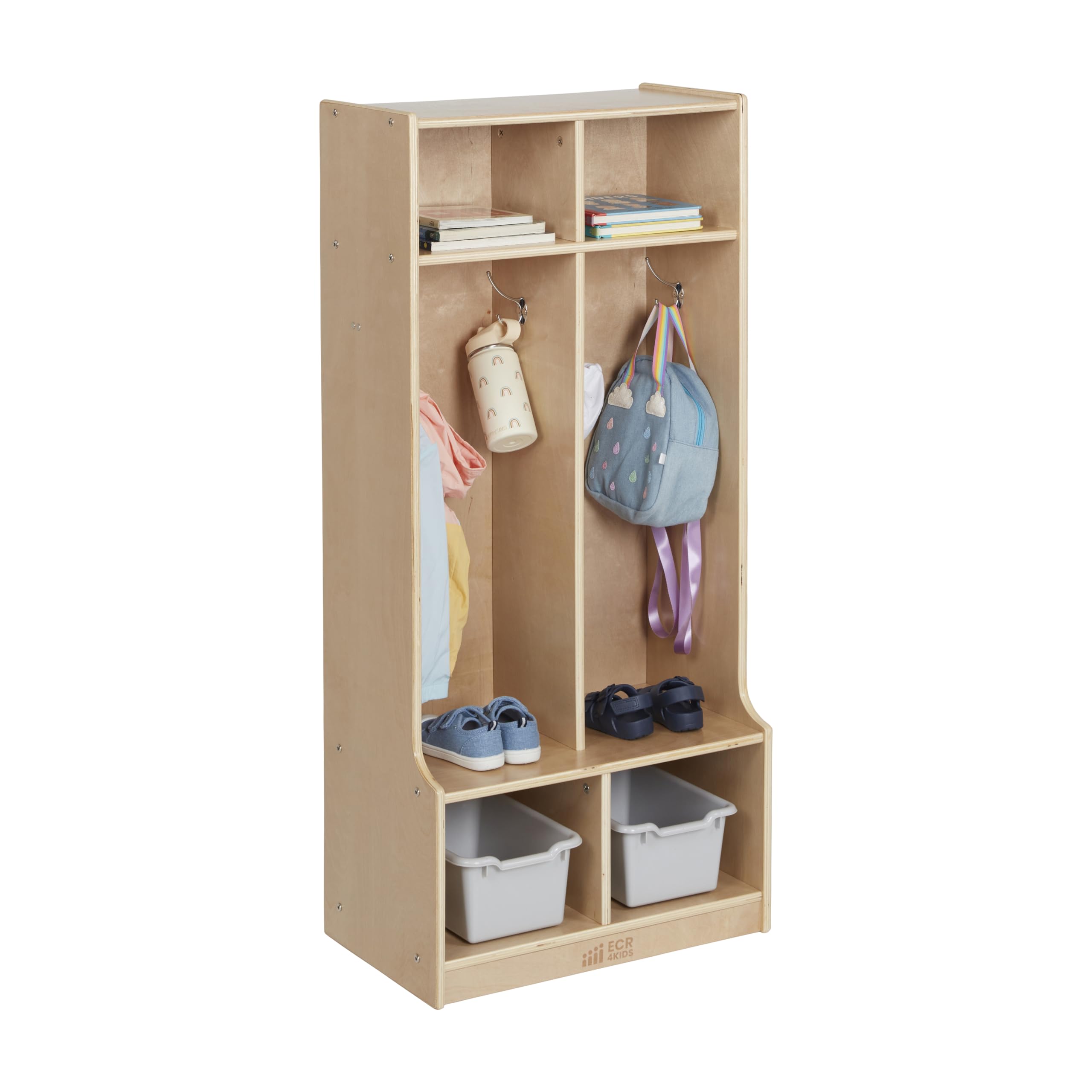 ECR4Kids 2-Section Coat Locker with Bench, Classroom Furniture, Natural
