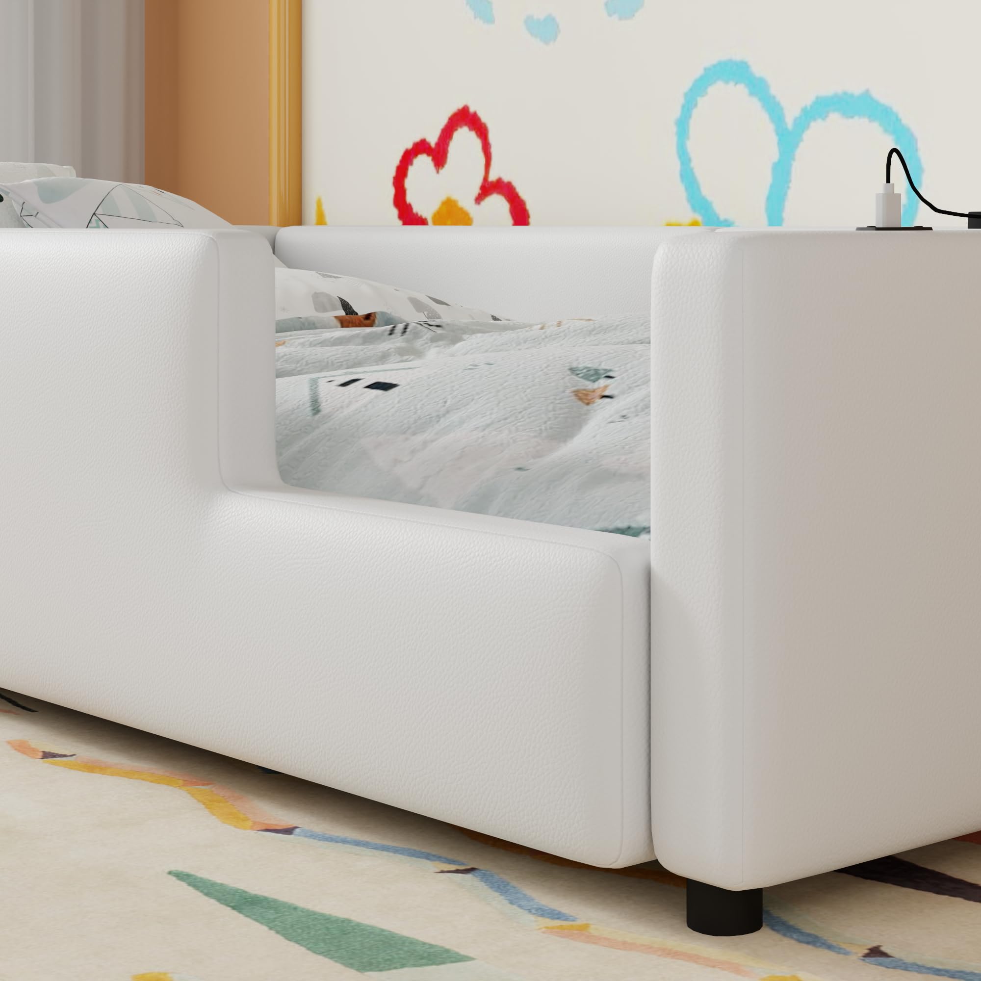 Merax Twin Size Kids Floor Bed with Guardrail and Charging Station, PU Leather Upholstered Daybed Frame for Bedroom, Children's Room, Wood Slats Support, No Box Spring Needed, Easy Assembly, White