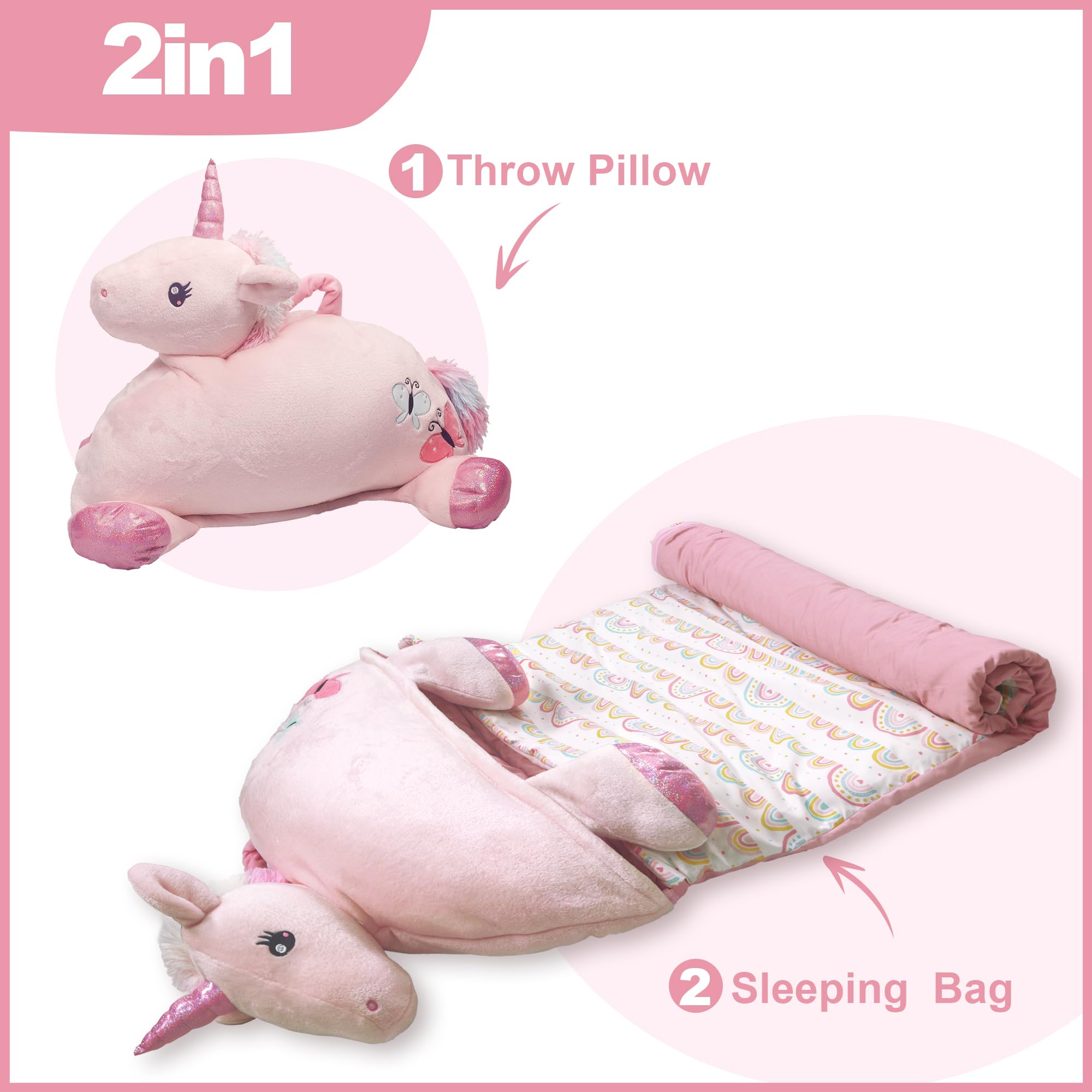 SHALALA NEW YORK Toddler Nap Mat with Pillow & Blanket for Girls, Sleeping Bag Nap Mat, Pink Horse Soft Plush Slumber Bag for Girls 64" x 26"