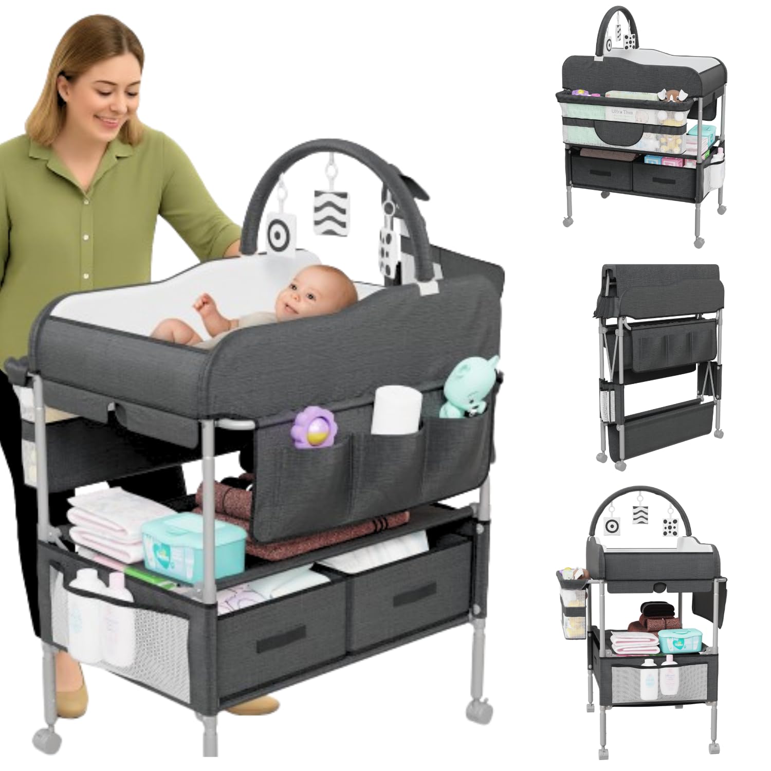 Baby Changing Table Black with Storage - Collapsible Baby Diaper