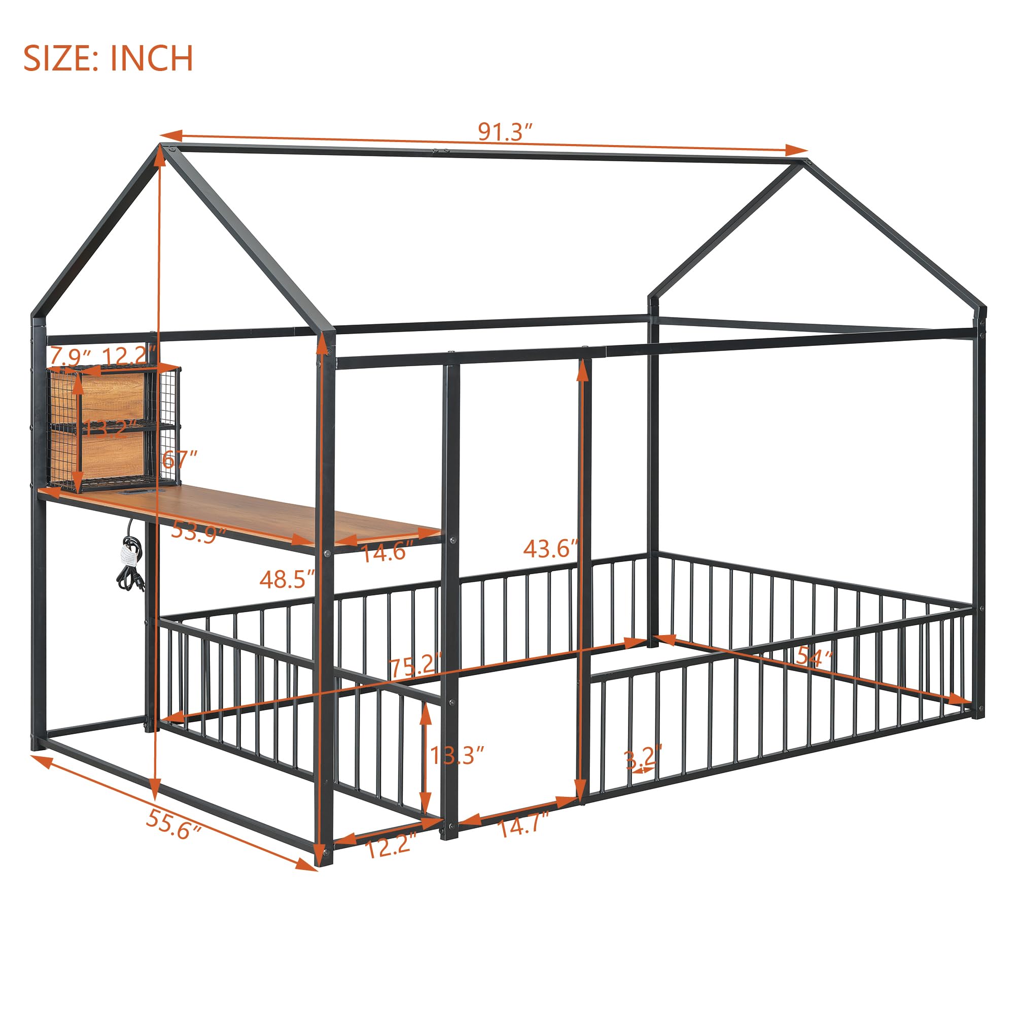 Full Size Metal House Bed with Desk and Guardrails