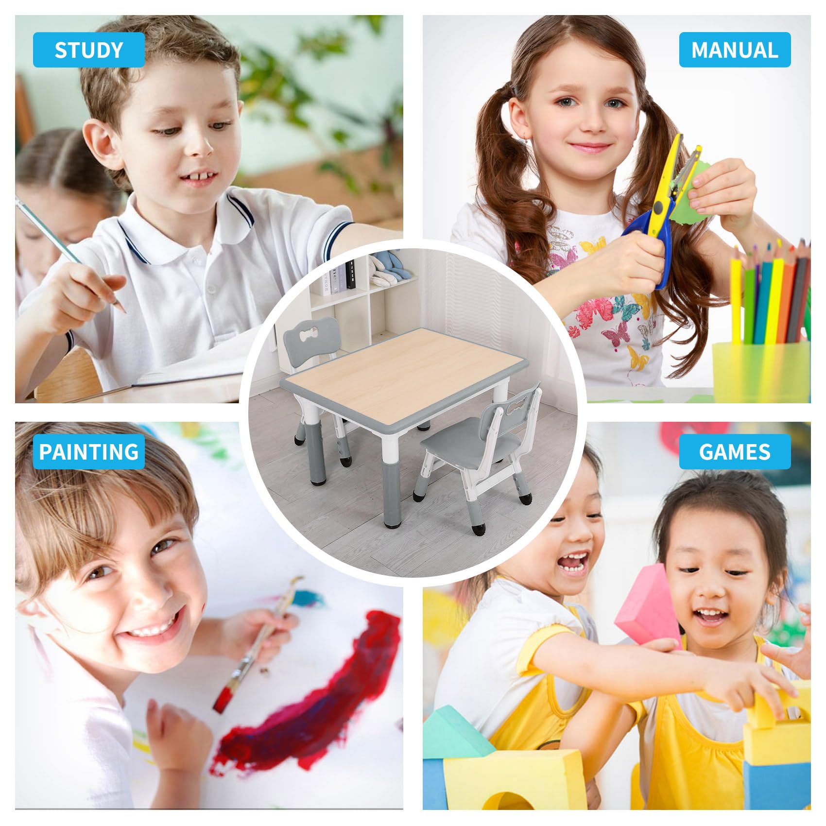 Height Adjustable Kids Table and Chairs Set