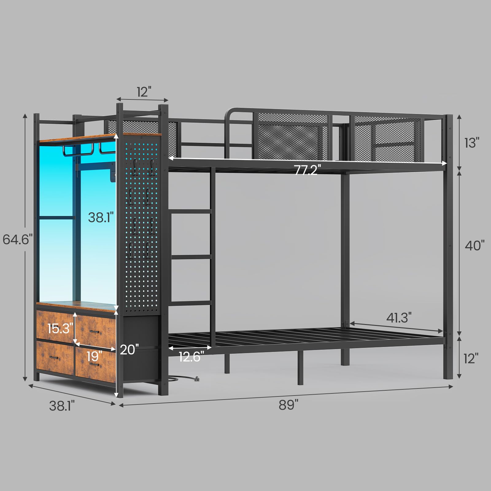 Metal Bunk Bed Twin Over Twin with Storage Drawers and LED Lights