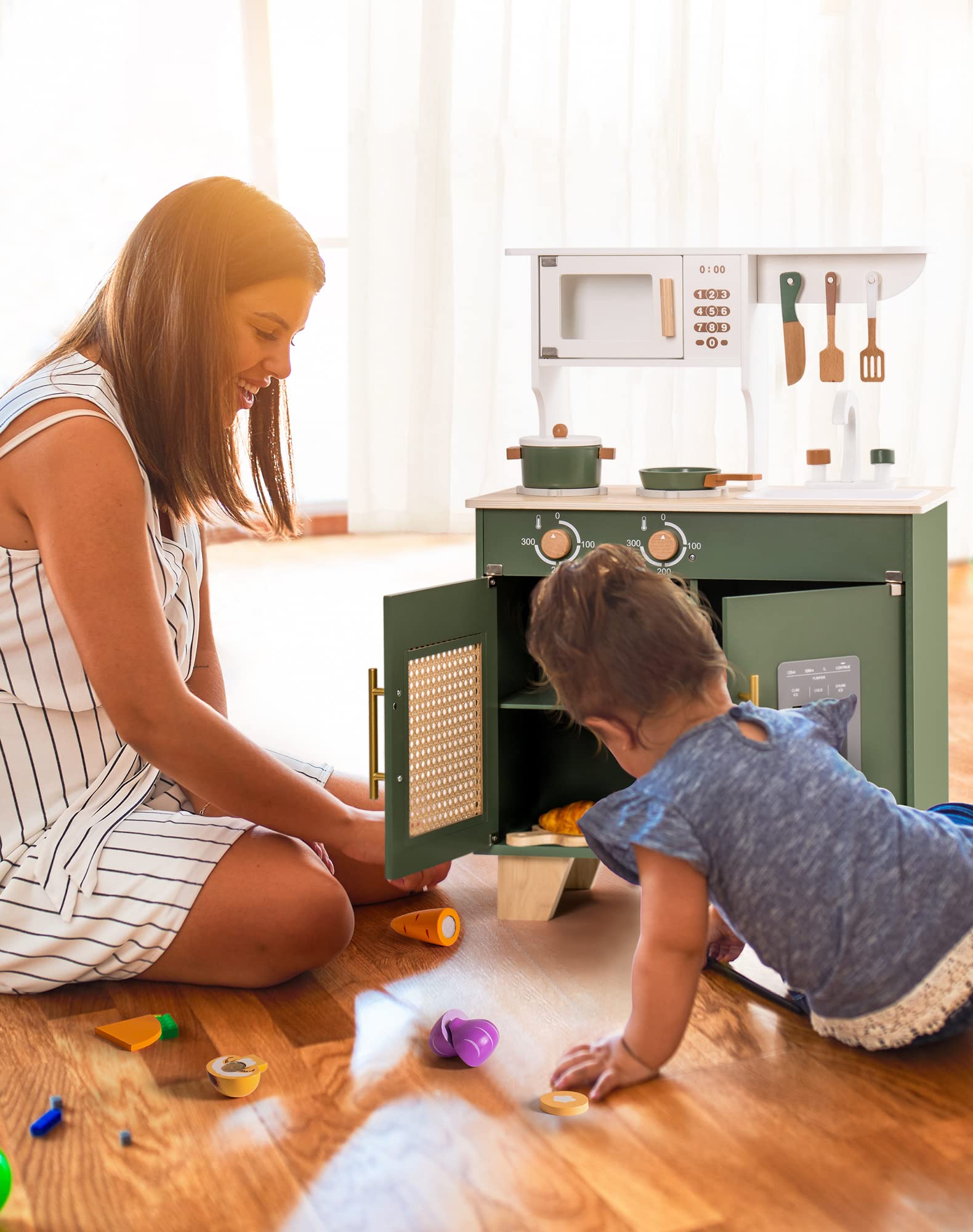 Wooden Play Kitchen Set with Ice Dispenser and Accessories