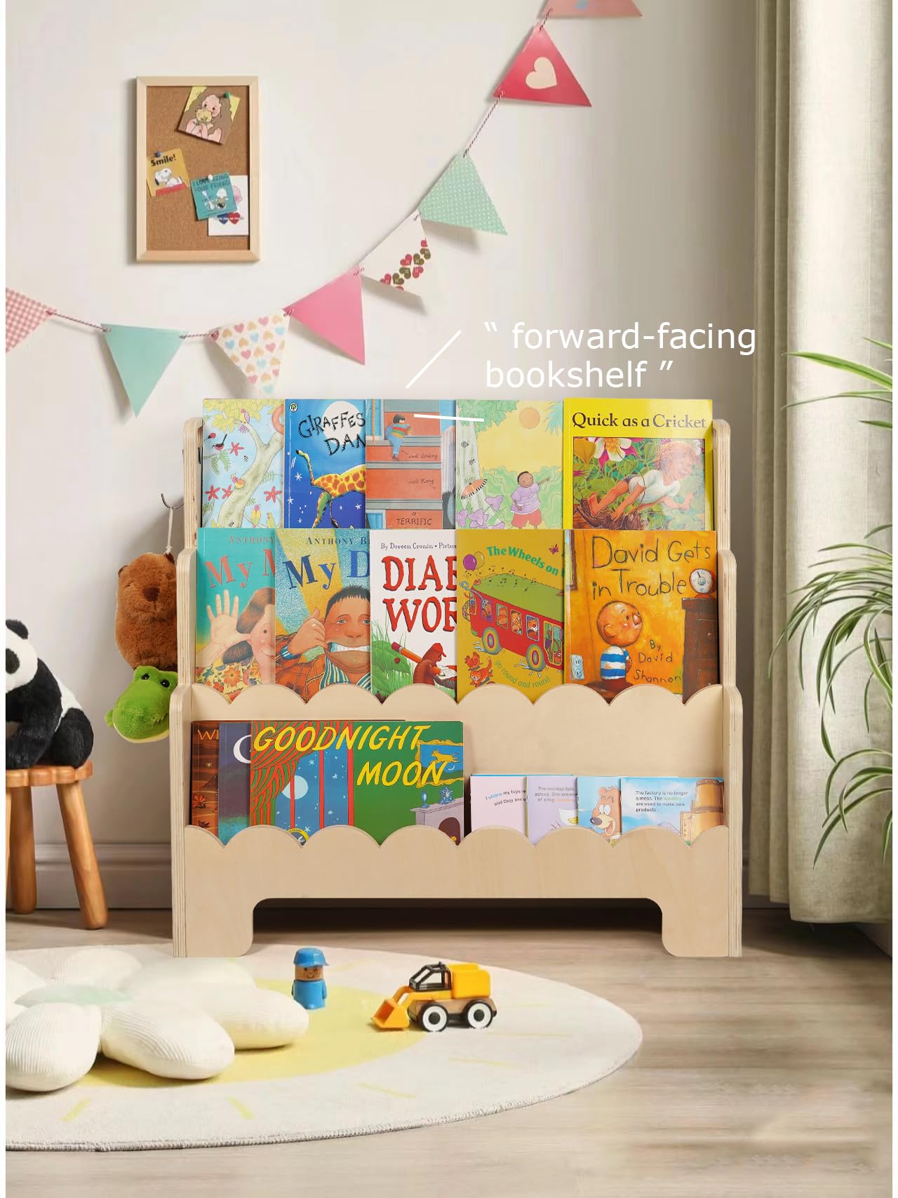 Kids Bookshelf Wooden 3-Tier, Scalloped Book Shelf for Kids Rooms