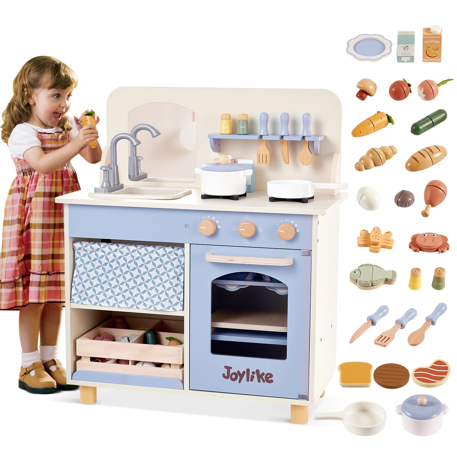Joylike Wooden Kitchen Playset for Kids, Toddler Play Kitchen with 32Pcs Accessories Cutting Food Set, Stove & Water Sink, Pretend Play Toy for Kids Ages 3+