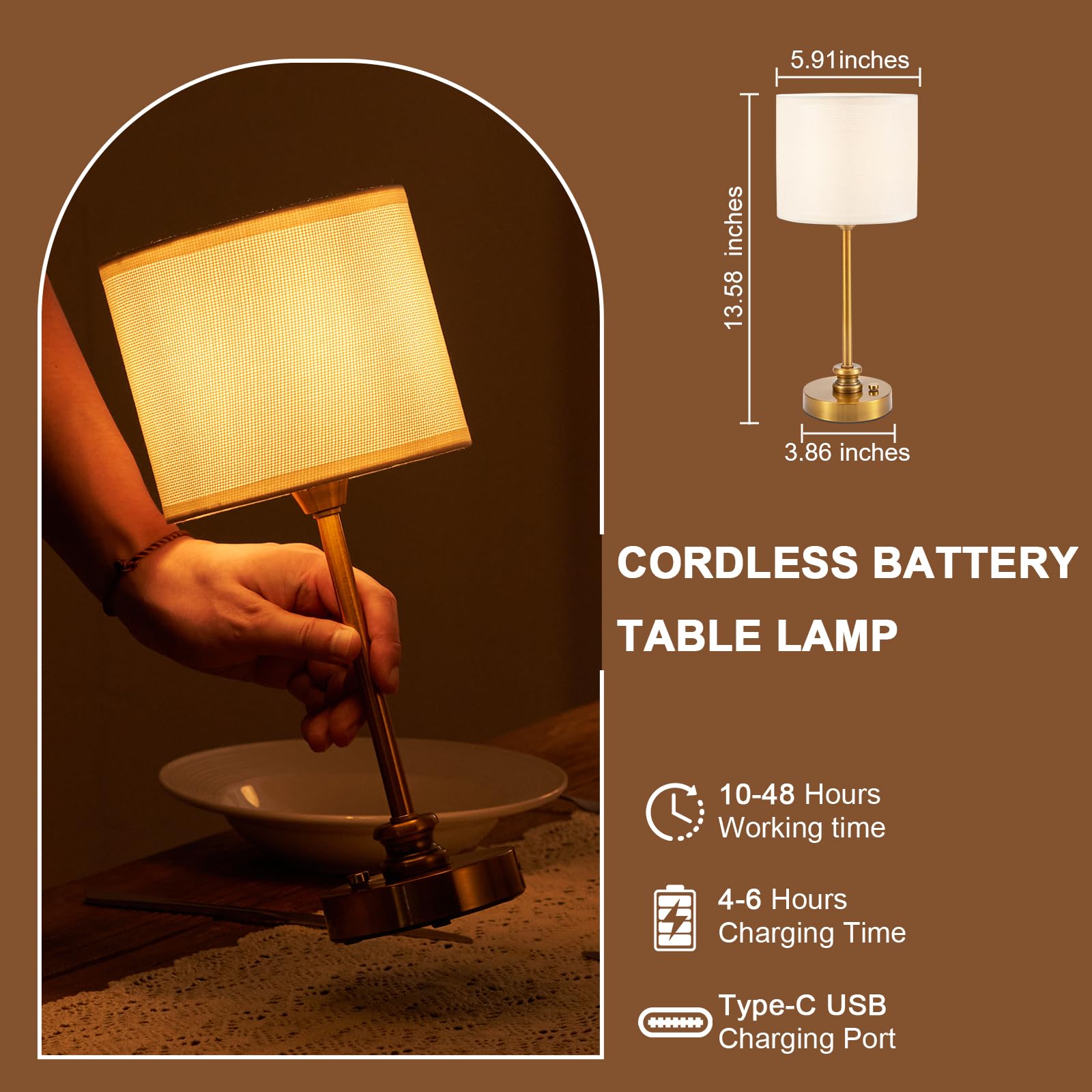 Cordless Rechargeable Table Lamps Set of 2 with Touch Dimming