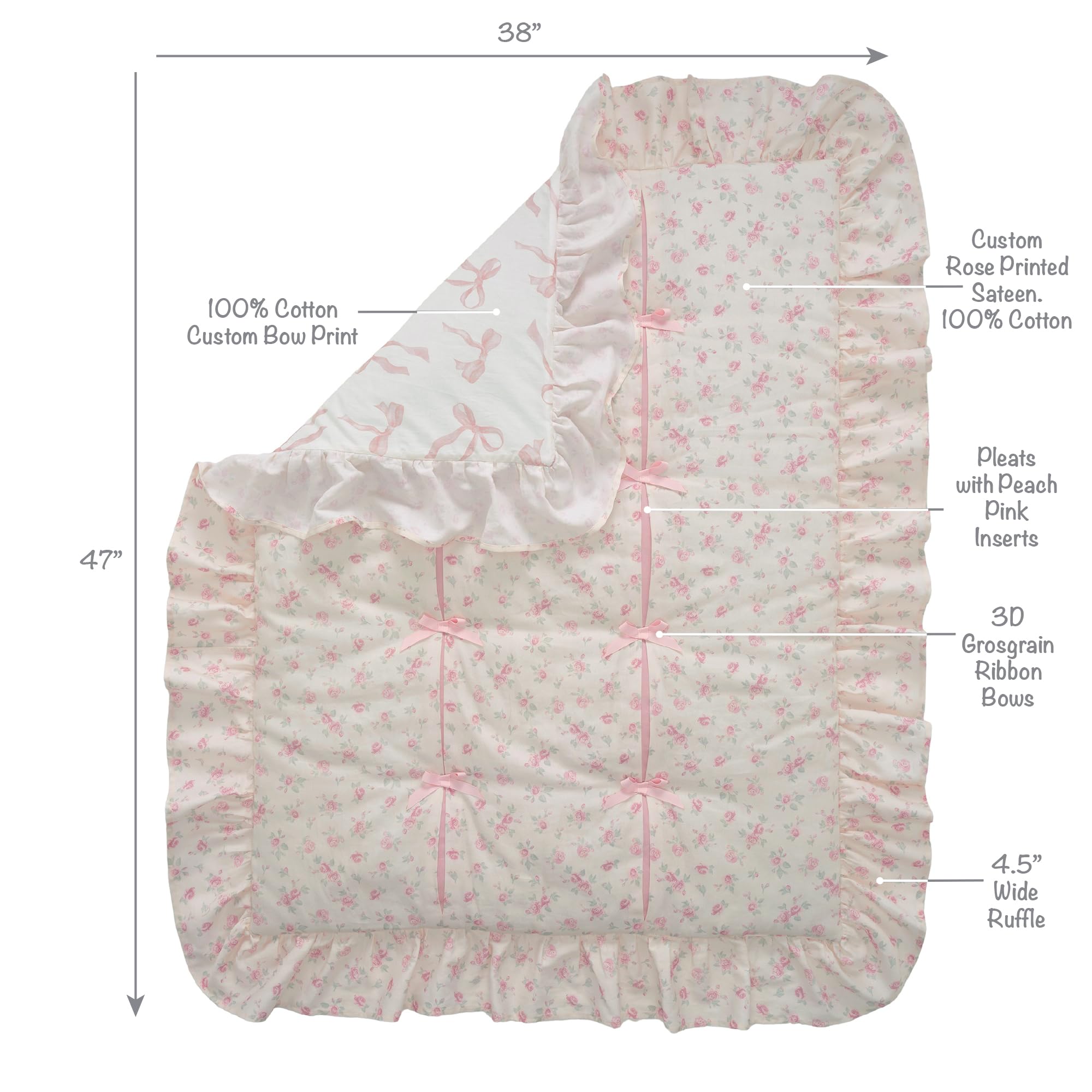 Coquette Floral Pink Bows Aesthetic 3-Piece Baby Crib Bedding Set