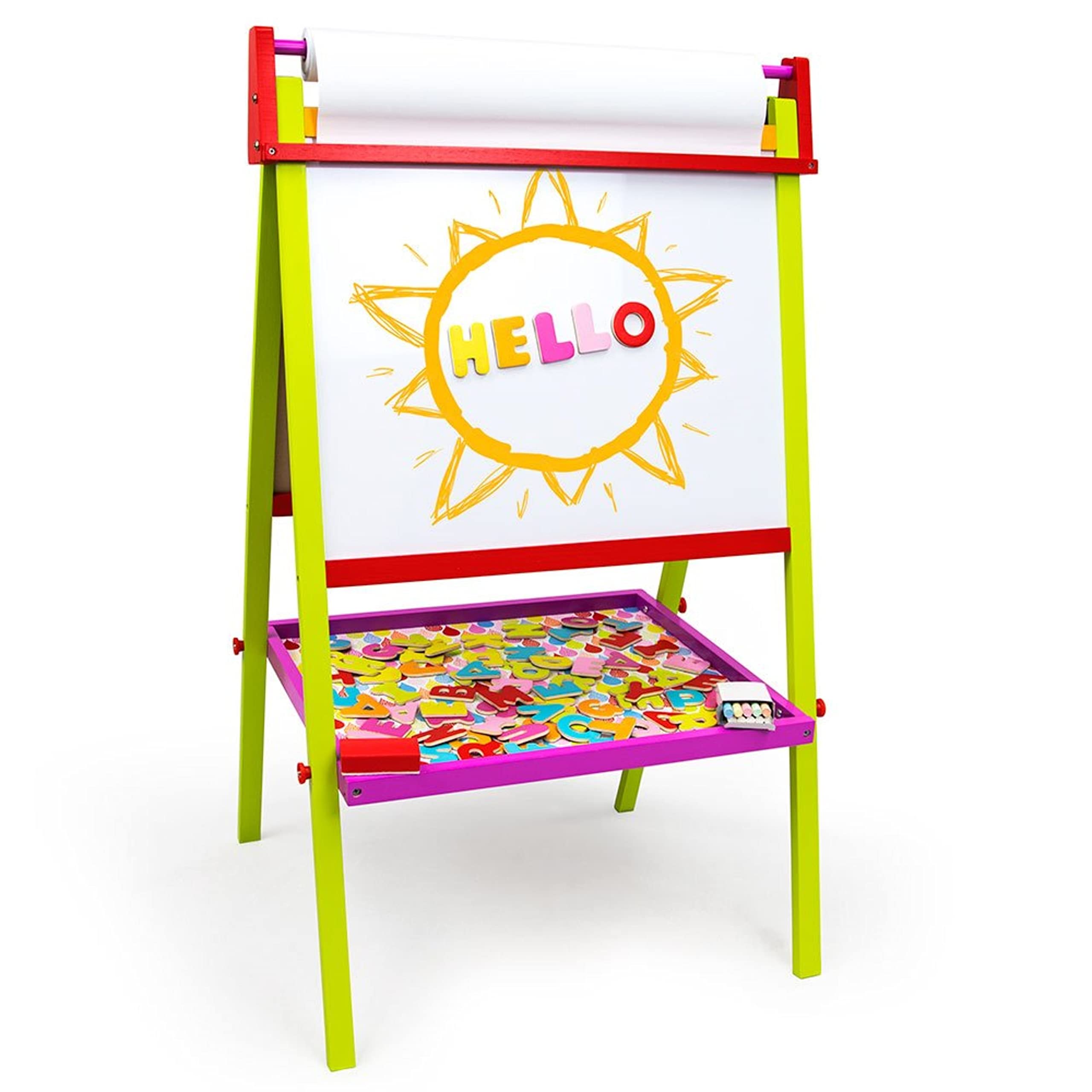 Little Artists 3-in-1 Standing Easel | Includes 75 Magnetic Letters, Rainbow Chalk, Eraser, and Easel Paper | Wooden Wonders Kids Creative Art Drawing Board | Art Class and School Teacher Activity