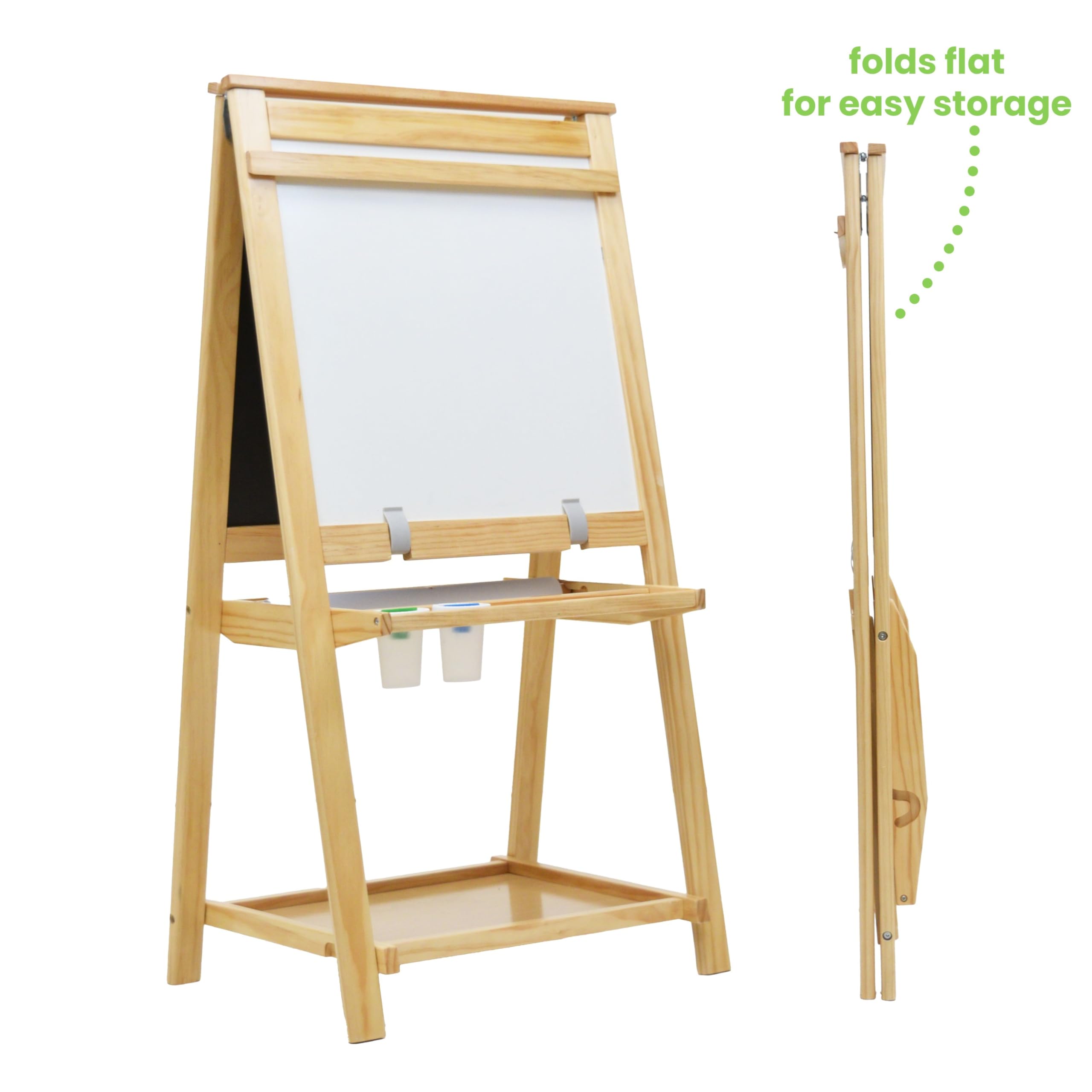 Little Partners Folding EZ Painting Easel for Kids, Dual-Sided Art Easel for Kids Art Station, Folds Flat with Chalkboard, Dry Erase Whiteboard, Paper, Eraser, Paint Cups, Shelf (Natural)