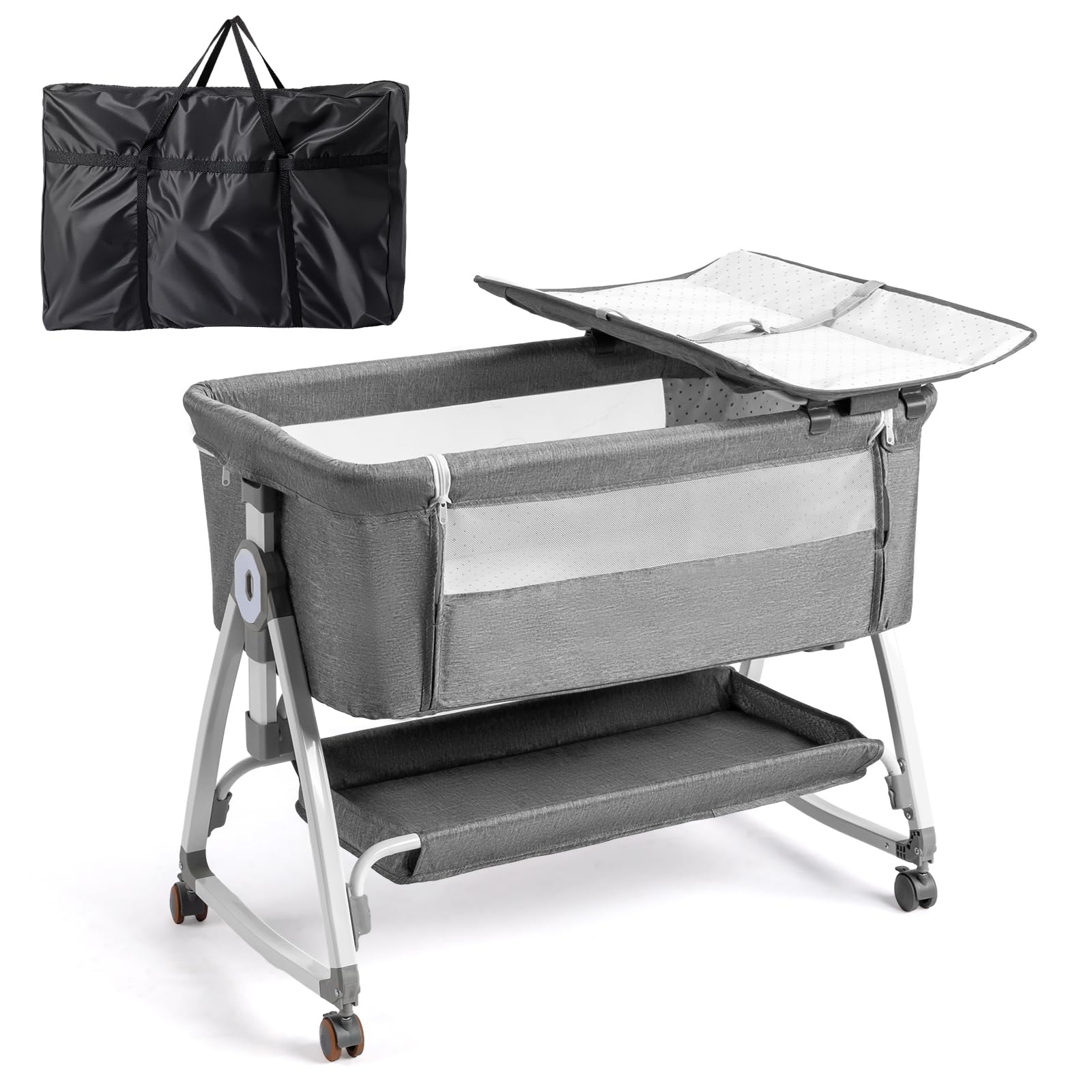 JOYMOR Baby Bassinet with Changing Table, Bedside Bassinet for Baby with Comfy Mattress and Wheels, 6 Height Adjustable Easy Folding Portable Bedside Crib for Newborn (Gray)
