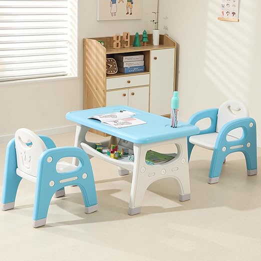 Kids Table and 2 Chairs Set, Toddlers Table and Chairs Set with Large Built-in Storage Shelf