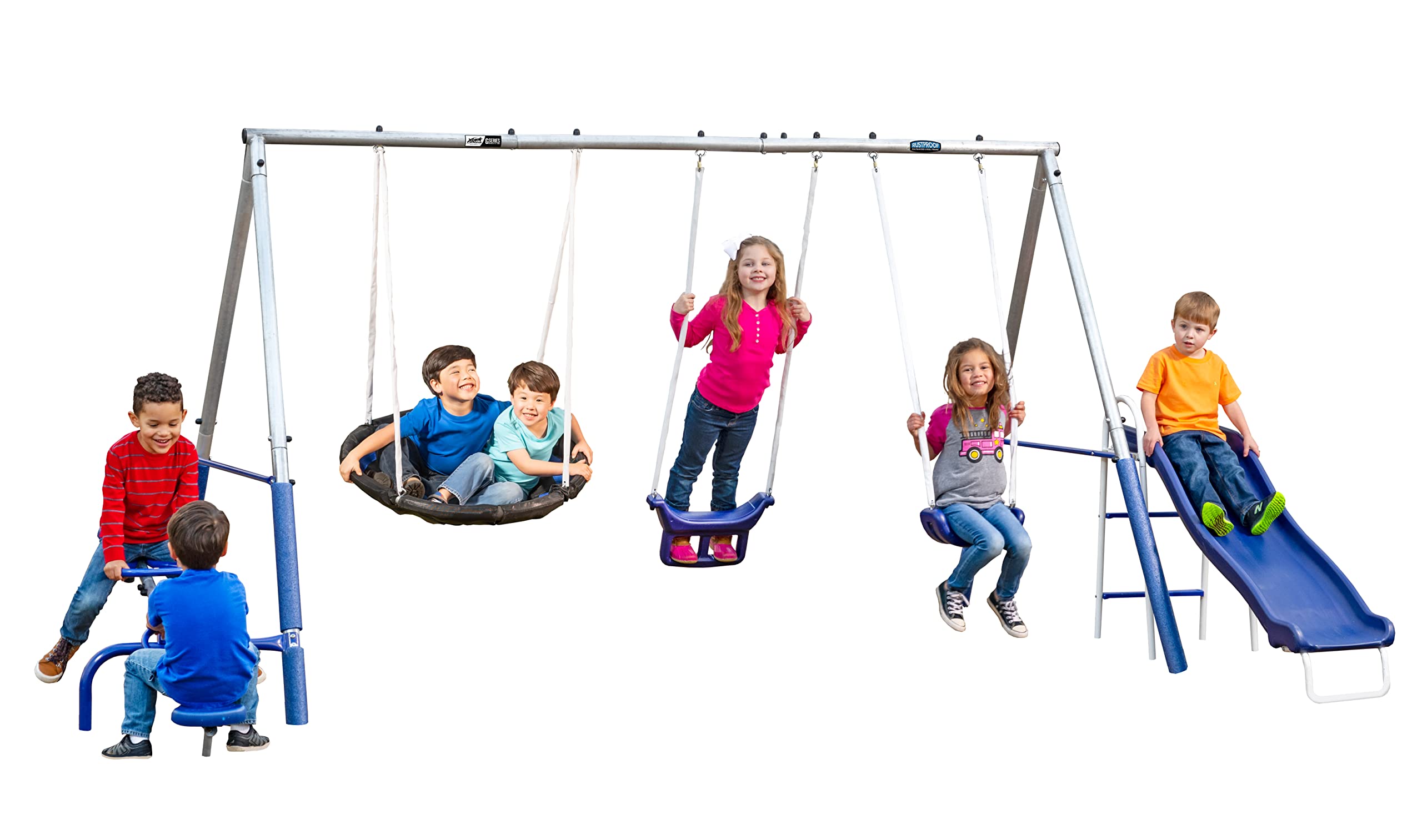 Galvanized Steel Swing Set with Slide and See-Saw