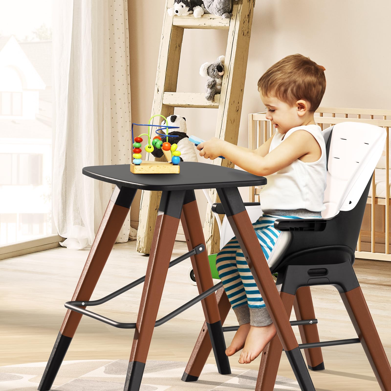 8 in 1 Highchair, Convertible Wooden Baby High Chair with Tray