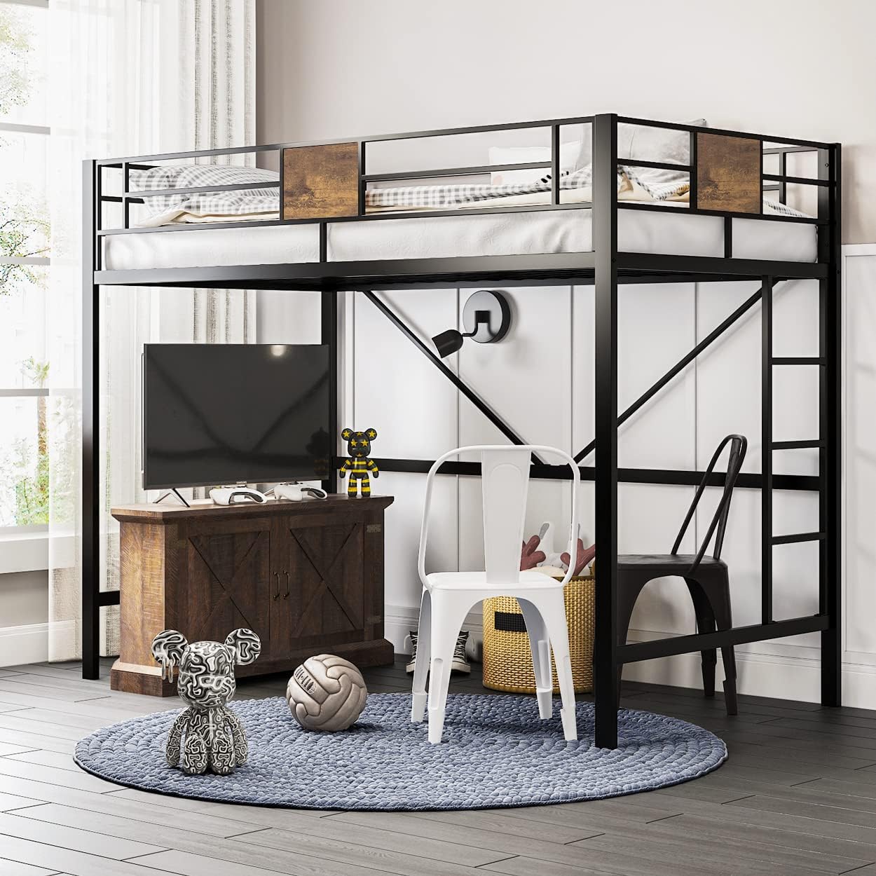 Loft Bed Twin Size with Ladder and Guardrail,Rustic Design