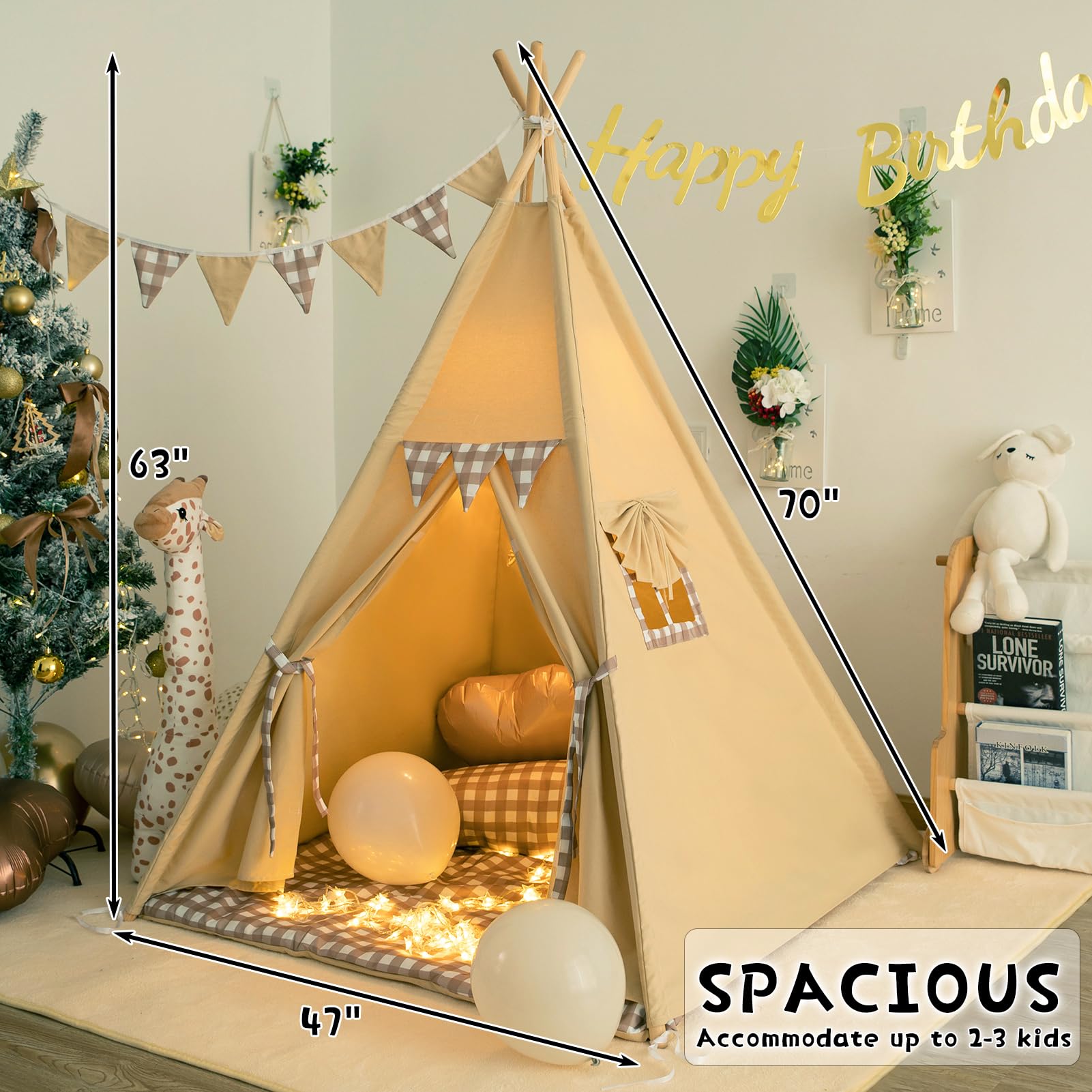 Teepee Tent with Padded Mat Bunting Banner Fairy Lights - Print Gingham Kids Play Tent with Carry Bay for Indoor and Outdoor, Play House Toys for Toddler, Boys and Girls