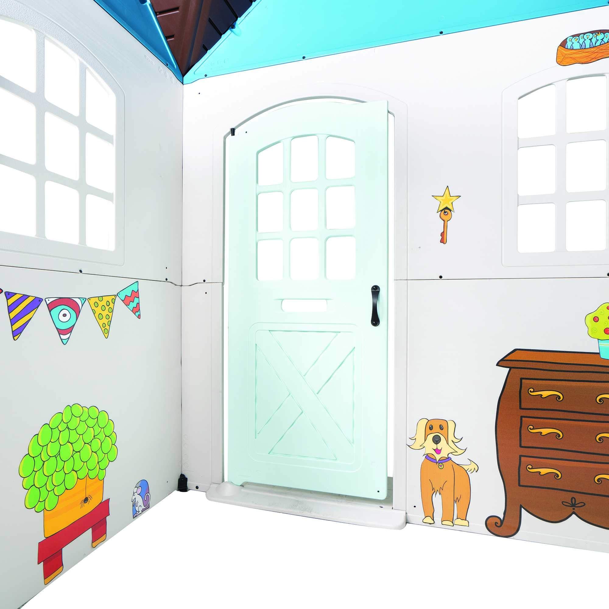 Heavy Duty Plastic Outdoor Playhouse with Doorbell and Play Kitchen