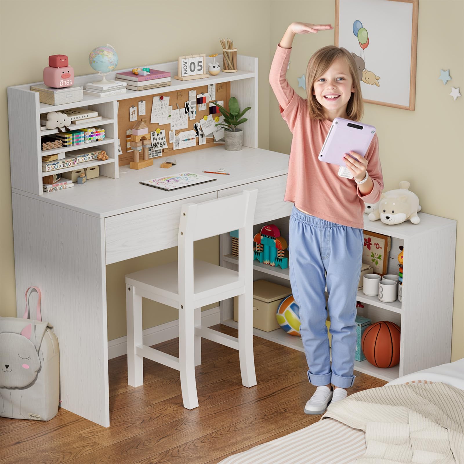White Wooden Kids Desk and Chair Set with Storage Cabinet