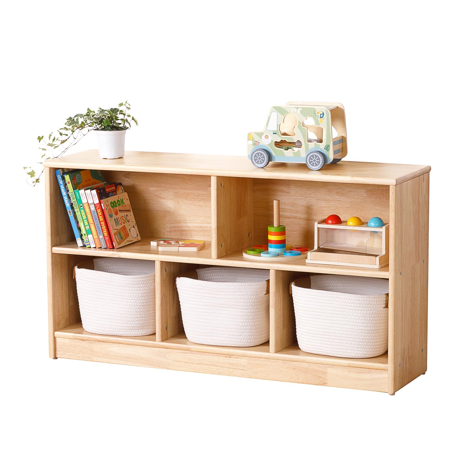Rubber Wood 5-Compartment Montessori Shelf, 43.3" L, 2-Tier Toy Organizers and Storage