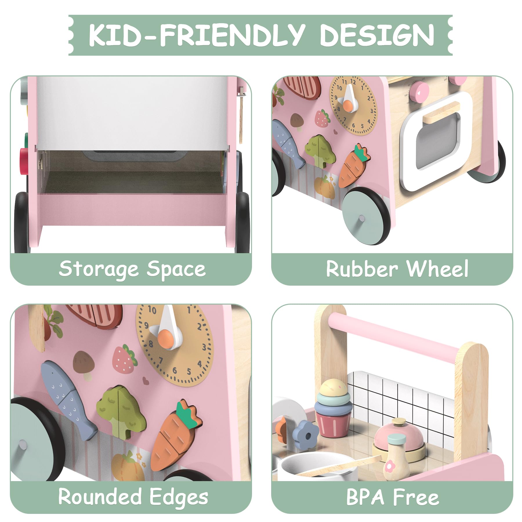 4-in-1 Wooden Baby Walker with Kitchen Play Set