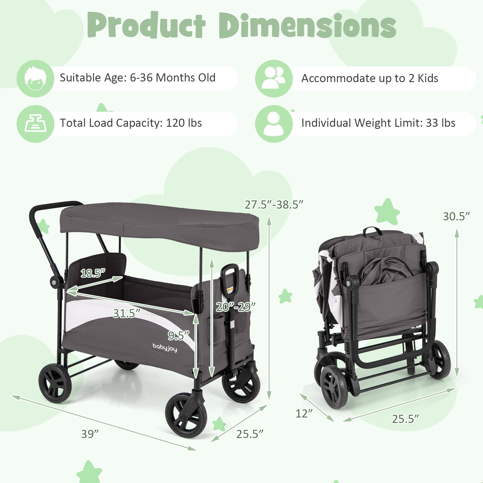 Collapsible Wagon Stroller for 2 Kids with Adjustable Canopy