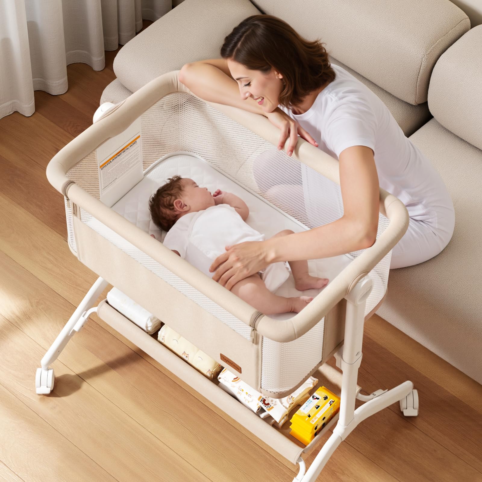 Bedside Bassinet with Breathable Mesh and Adjustable Height