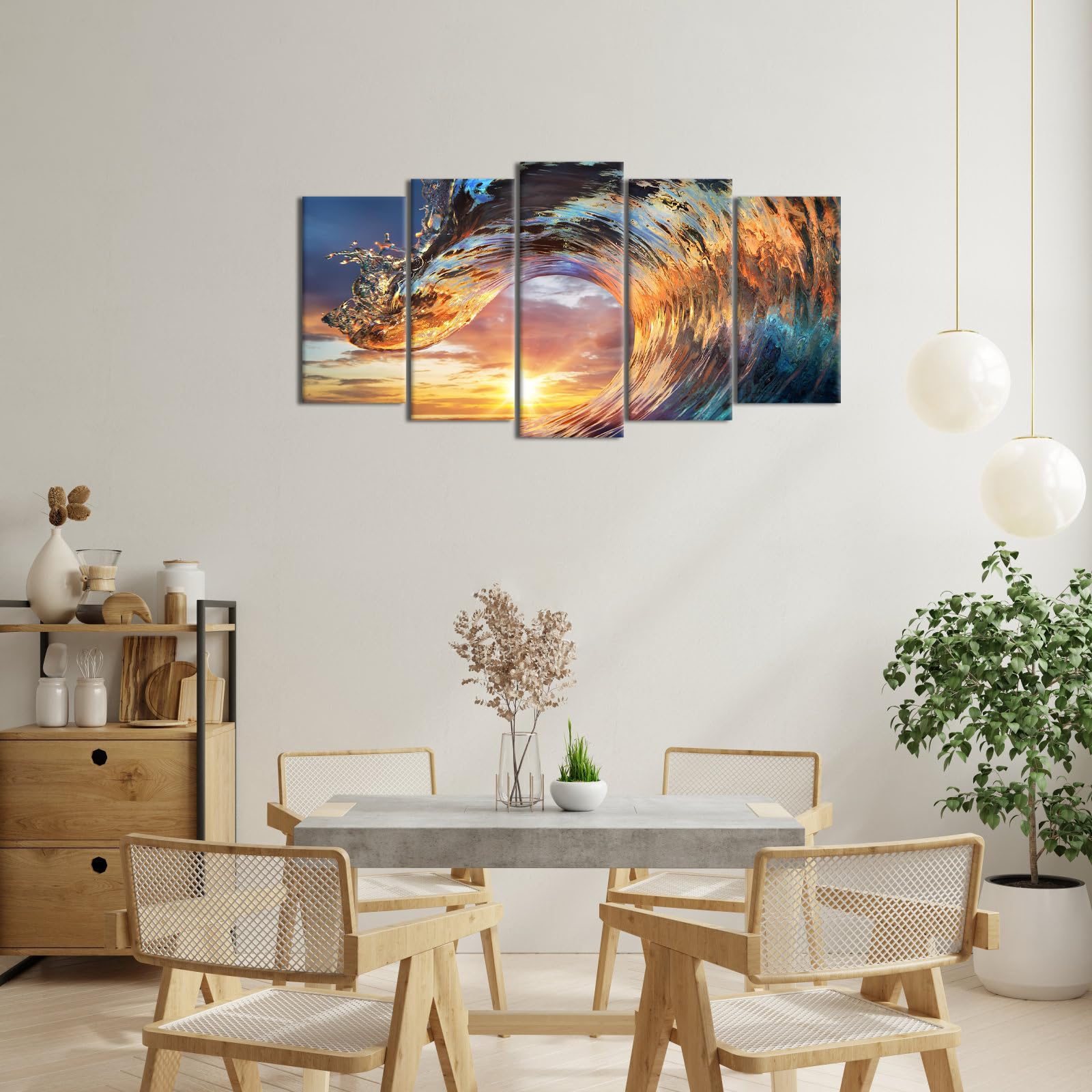 Large 5 Piece Sea Waves Canvas Wall Art Sunset Ocean Wave