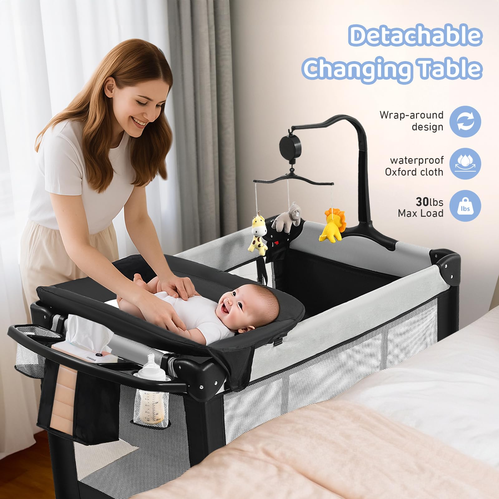 5-in-1 Pack and Play with Bassinet & Bedside Sleeper - Grey