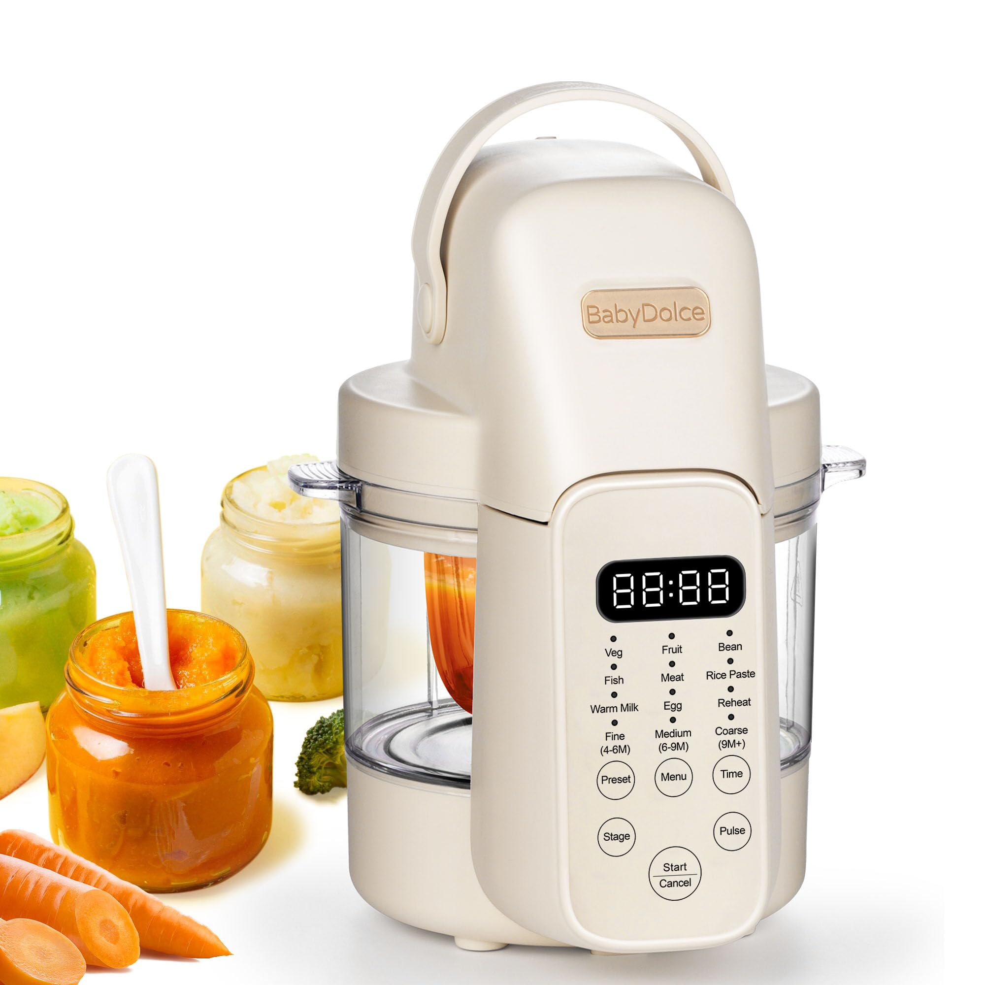 Baby Dolce Baby Food Maker, 9 in 1 Glass Baby Food Processor Steamer Puree Blender with 6 Blades, One Step Cook Grinding, Touch Screen Control, Multifunctional Blender with 24h Timer, Dishwasher Safe