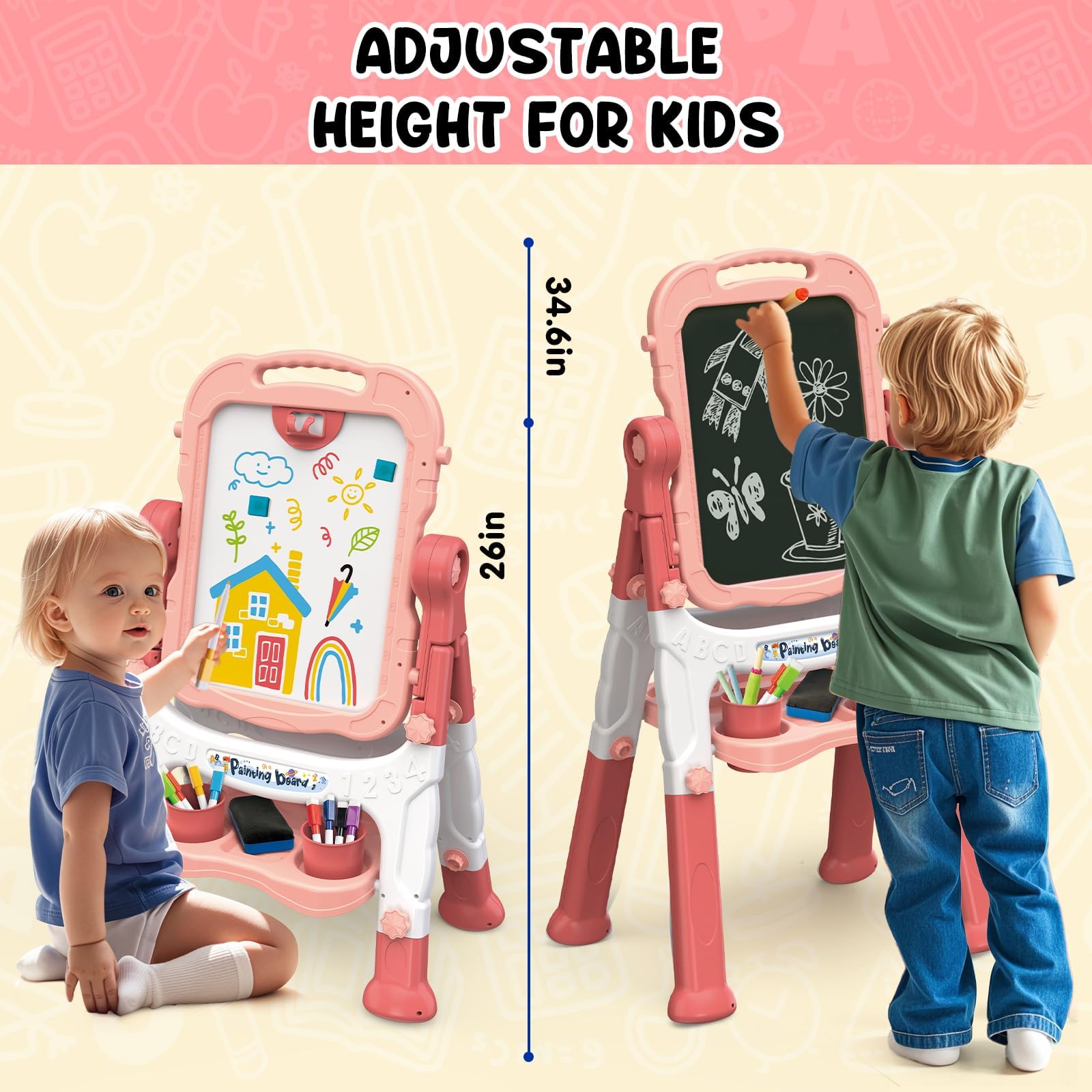 AuntyFey Easel for Kids, Toddler Easel, Double-Sided Chalk Board Kid, White Board, Kid Art Easel, Art Easel Age 4-8, Christmas Gift, Pink&Purple, Red&Pink