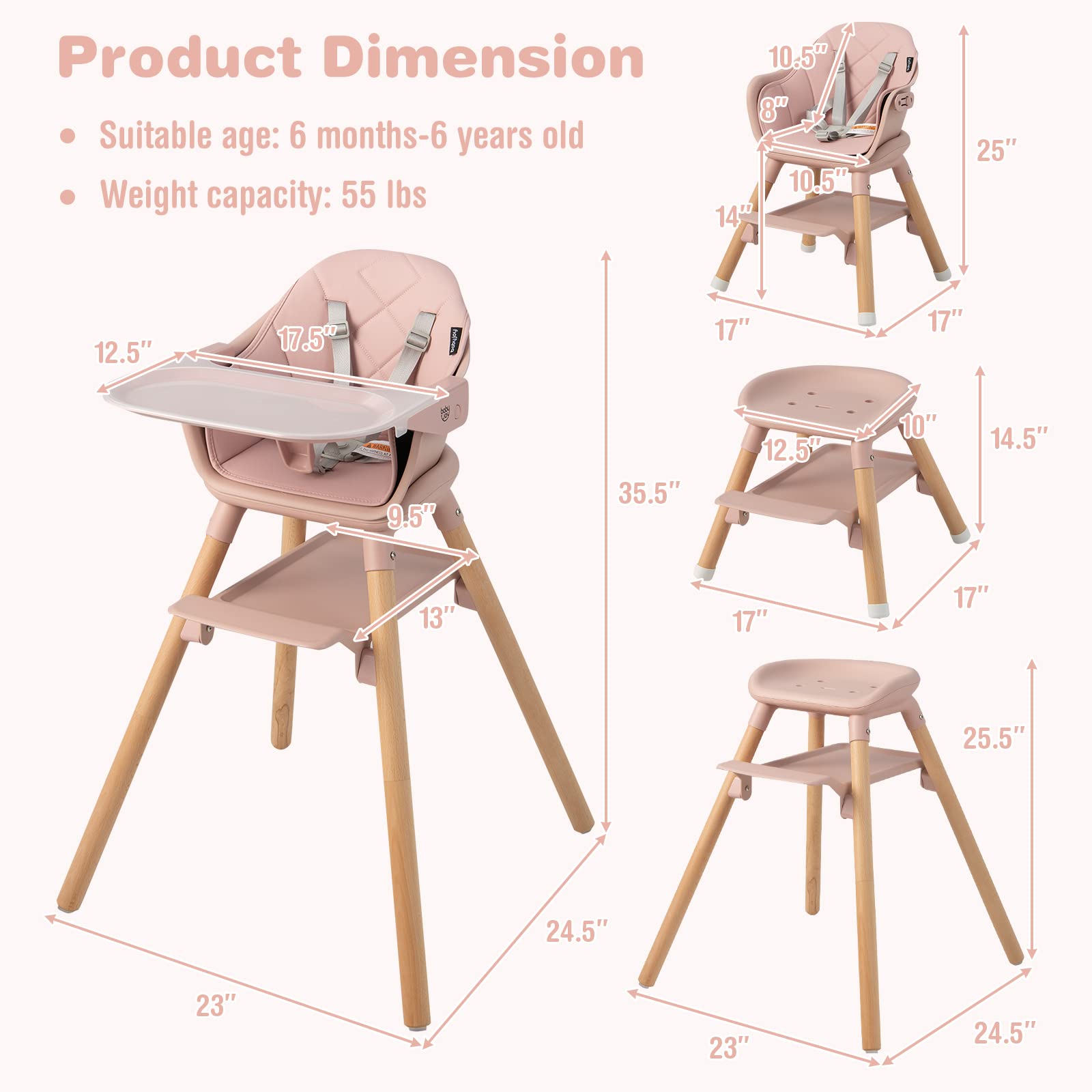 6-in-1 Convertible Wooden Baby High Chair with Adjustable Legs and Removable Tray