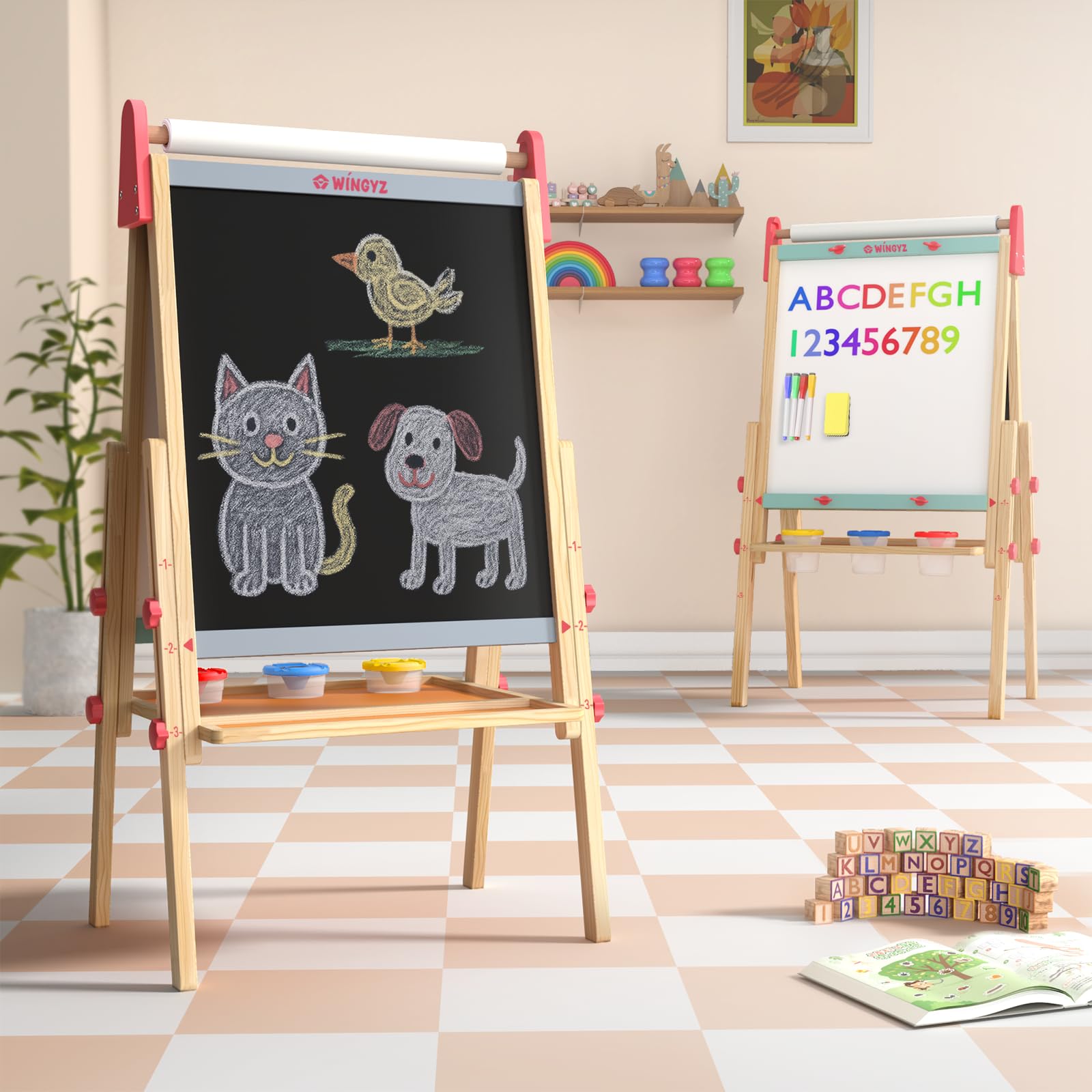 Wingyz 3-in-1 Adjustable Kids Art Easel with Magnetic Whiteboard & Chalkboard - Double-Side Wooden Drawing Board, 3 Paint Pots & Eraser - Creative Gift for Toddlers Ages 2-4, 4-8, 8-12
