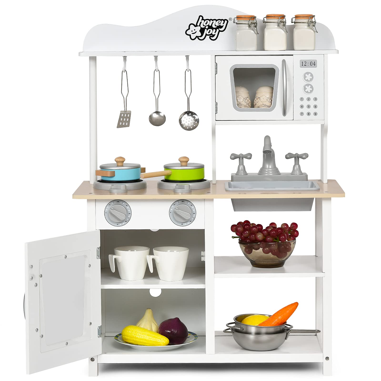 Kids Kitchen Playset, Wooden Pretend Toy Kitchen Set with Sink, Oven, Microwave
