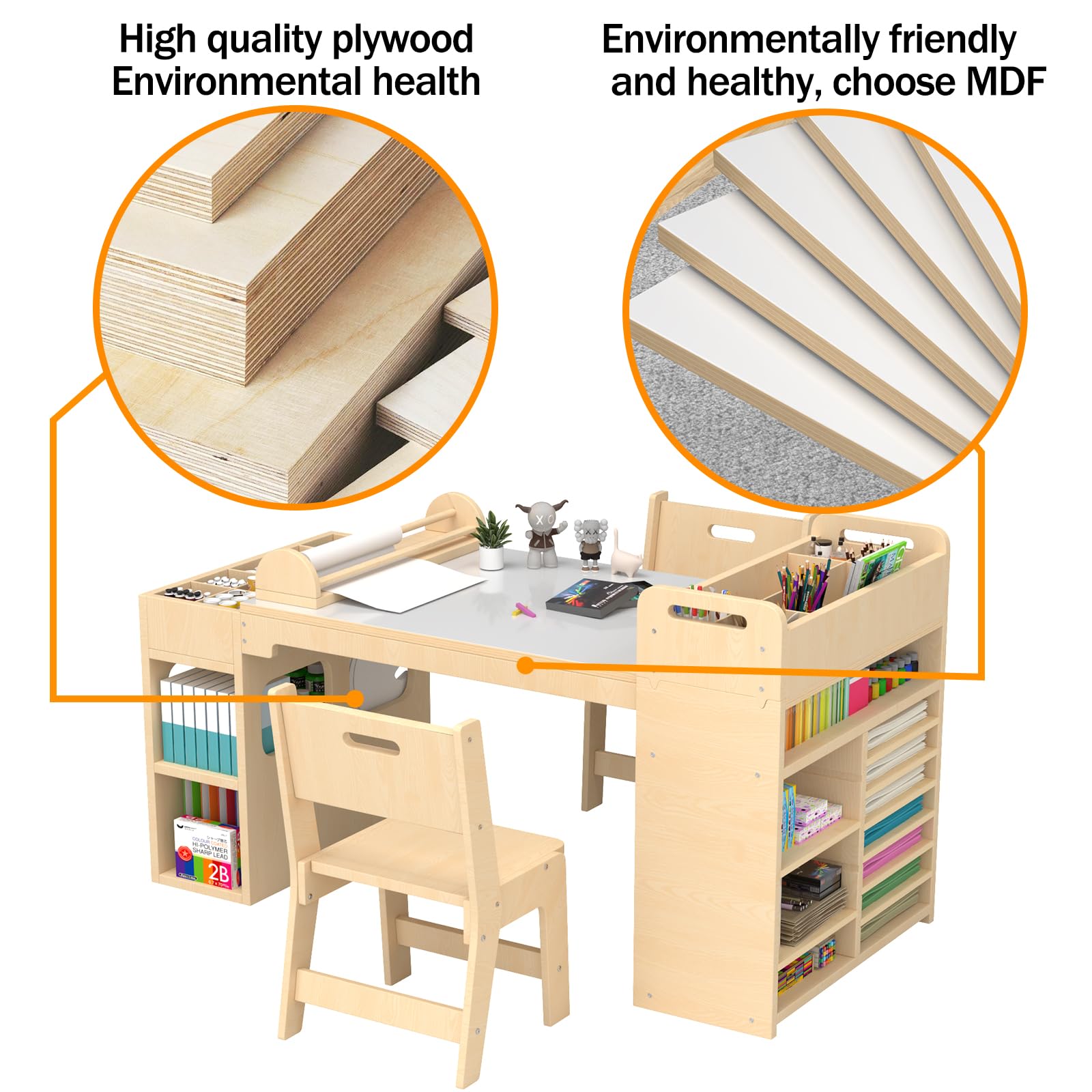 Kids Art Table and Chair Set with Storage and Paper Roll Rack