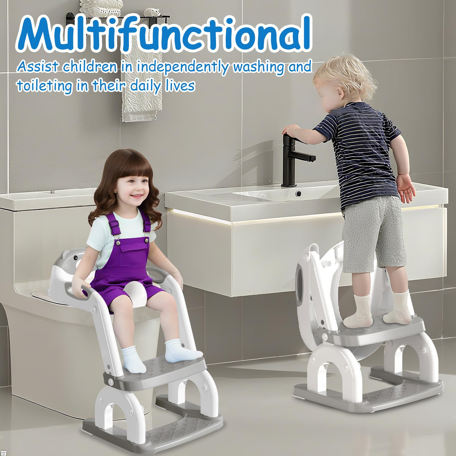 kimitimi Potty Training Seat with Step Stool for Toddlers - Upgrade 2-in-1 Toilet Seat Toilet Ladder for Kids Children Boys Girls, Anti-Slip Pad & Adjustable Height with Waterproof - Grey