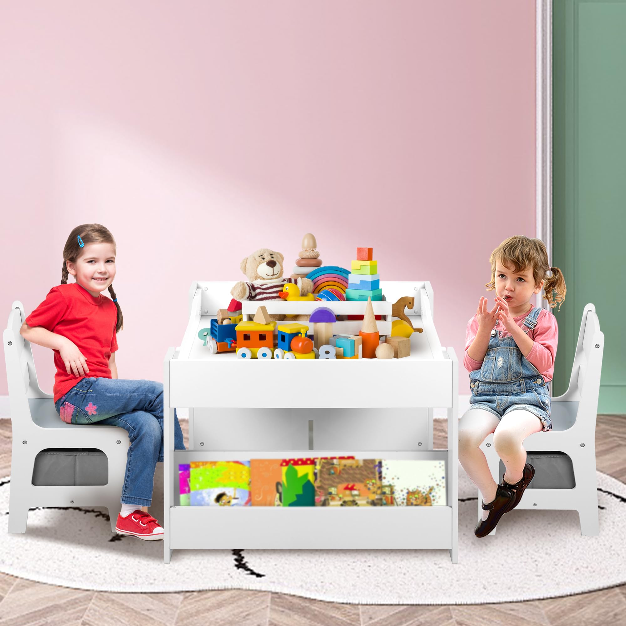 Kids Wood Table & 2 Chairs Set, 4 in 1 Children Activity Table w/Double Bookcase,