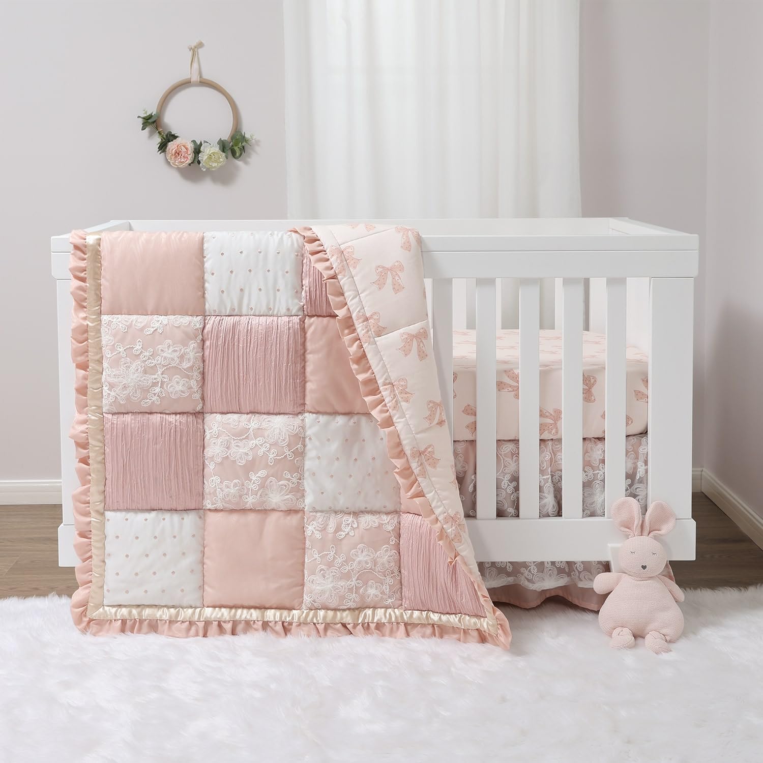 3 Piece Baby Crib Bedding Set for Girls - Cotton Fitted Crib Sheet, Layered Dust Ruffle