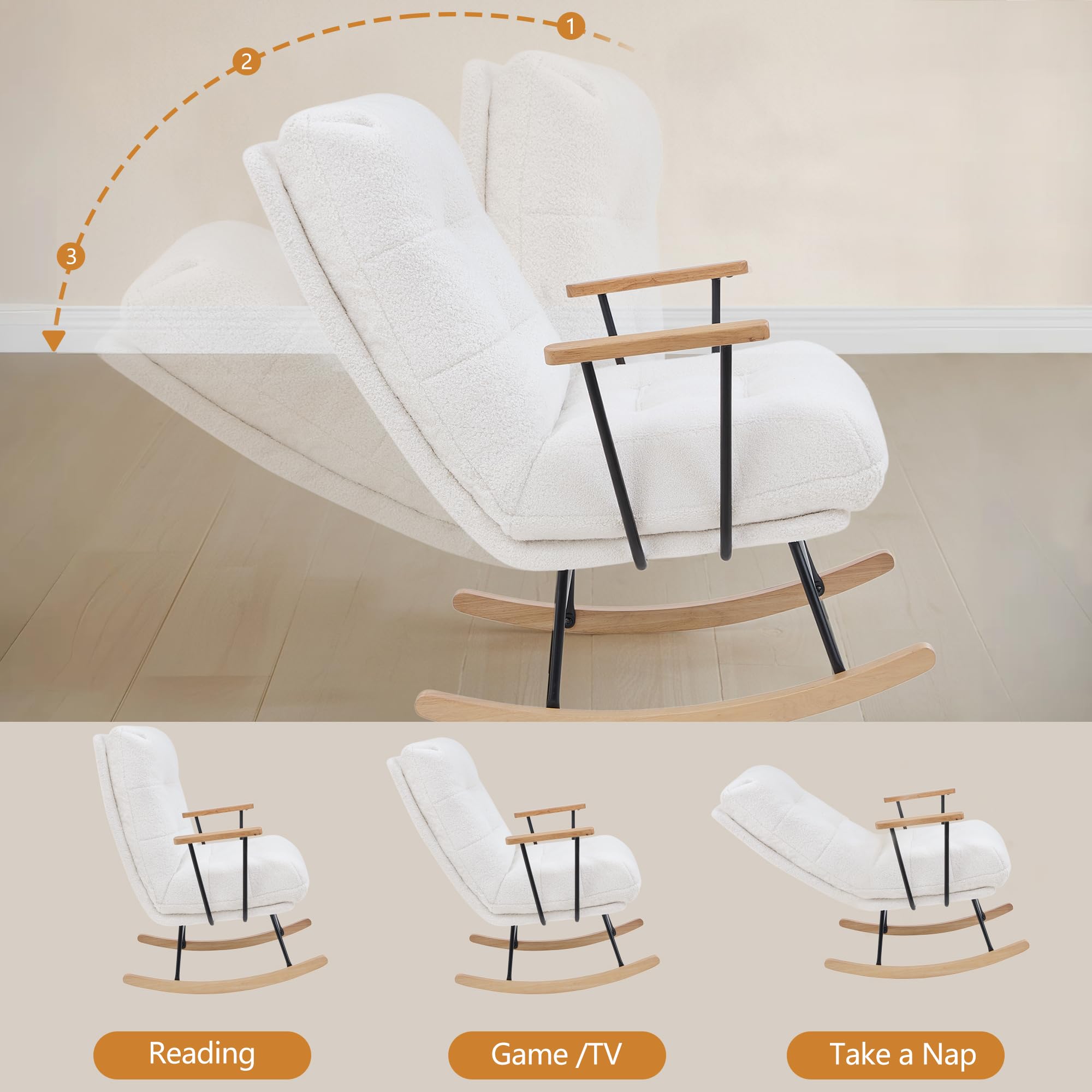 Oversized Teddy Fabric Nursery Rocking Chair with Adjustable High Backrest
