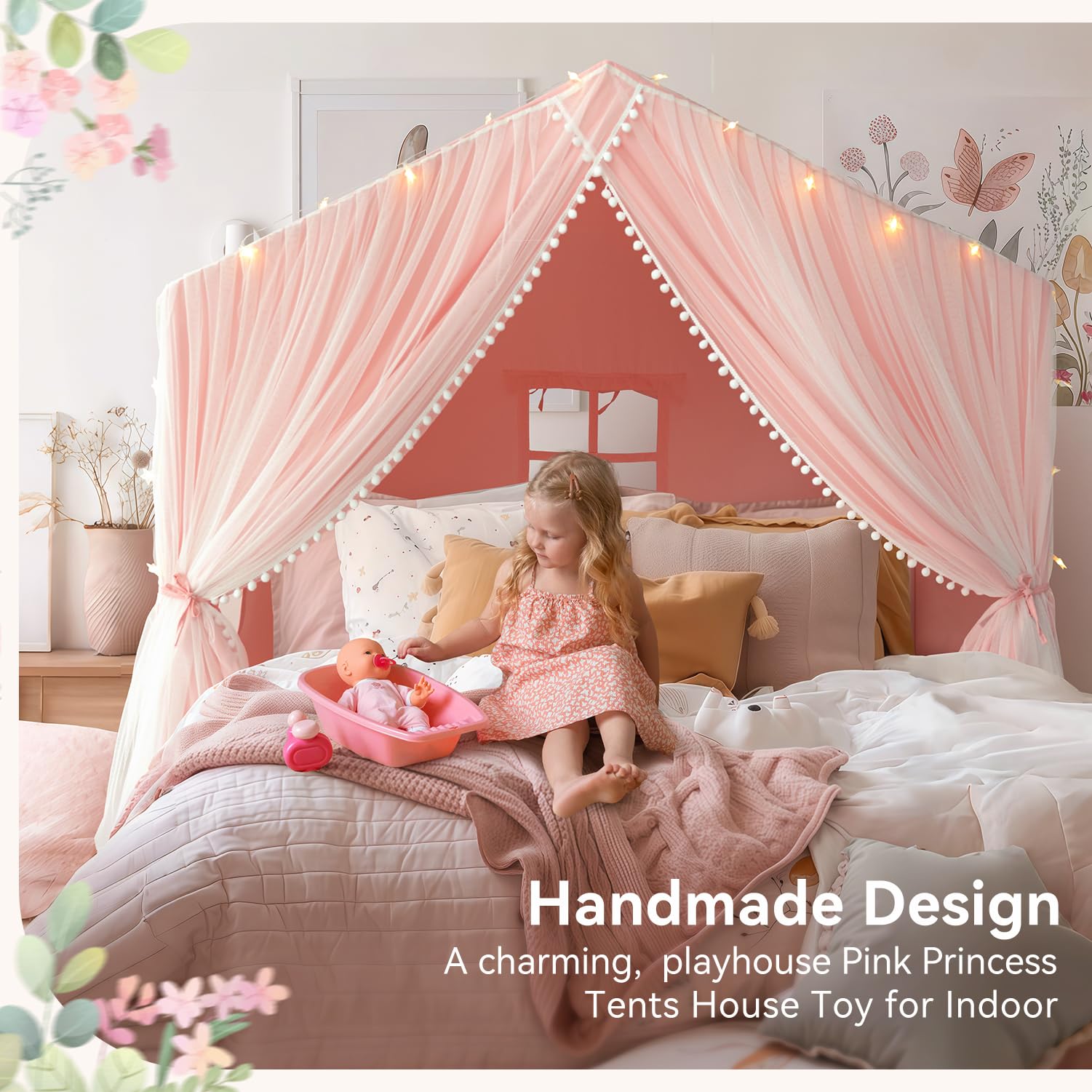 Princess Play Tent with Mat and Dual-Layer Curtain - Pink