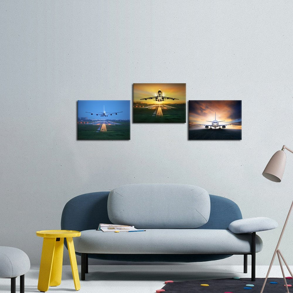 3 Piece Canvas Wall Art Airplane Take Off Pictures Framed
