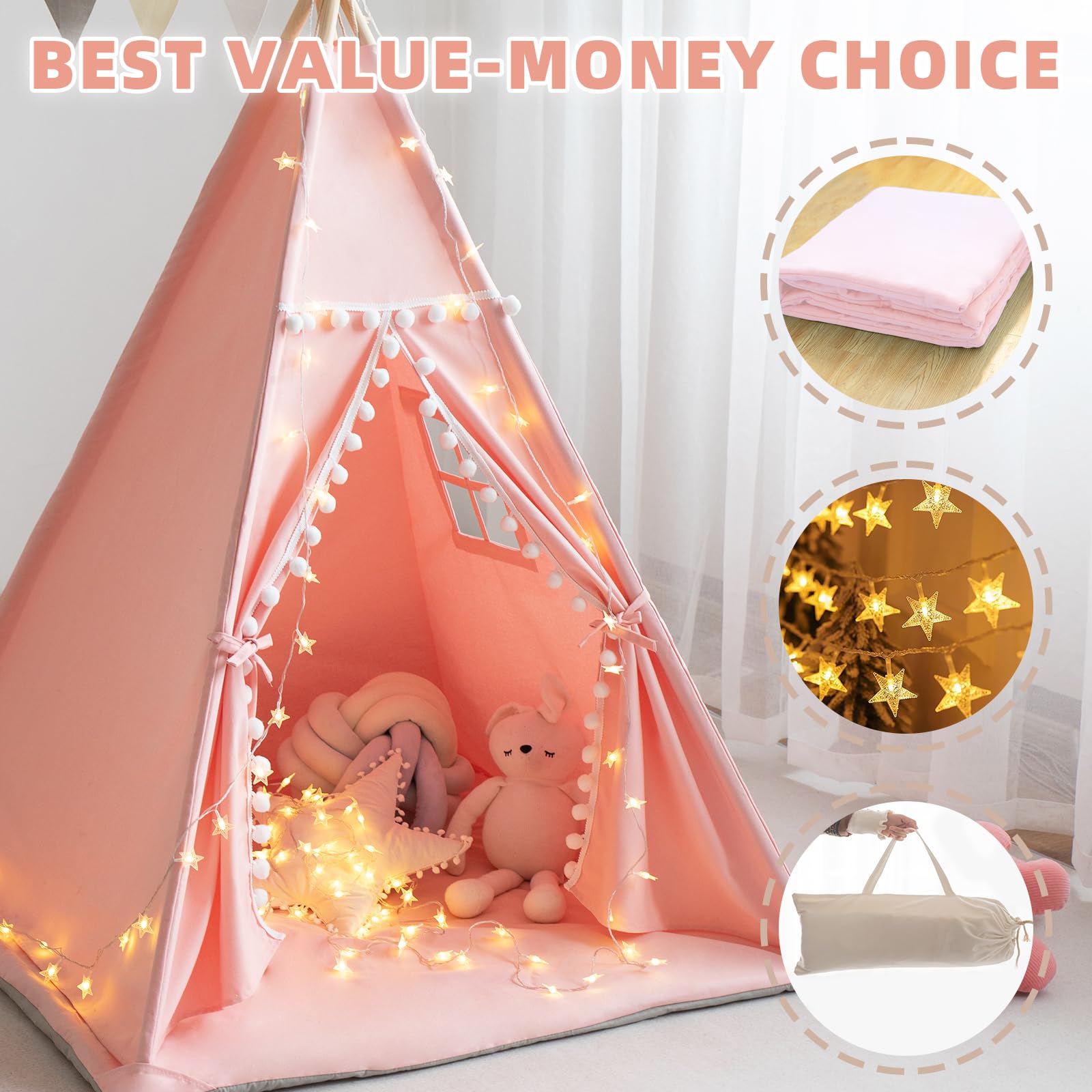 Cotton Canvas Kids Teepee Tent with Mat and Lights