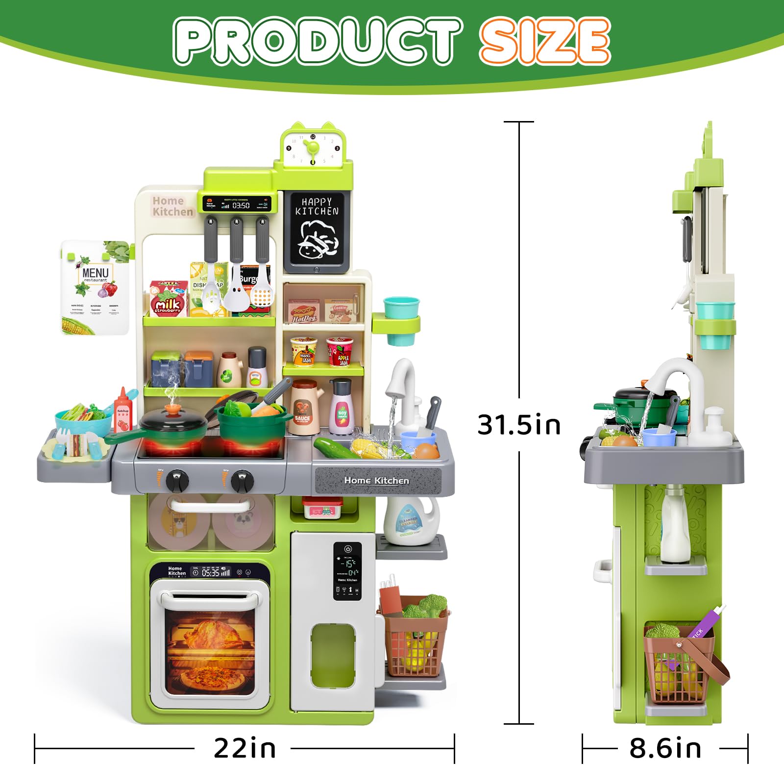 Kids Play Kitchen Set, Toddler Kitchen Playset with Sound & Light, Cooking Stove with Steam, Play Sink, Play Food Toy and Kitchen Accessories, Kitchen Toy for Kids Girls Boys (31.5 * 22 * 8.6in)