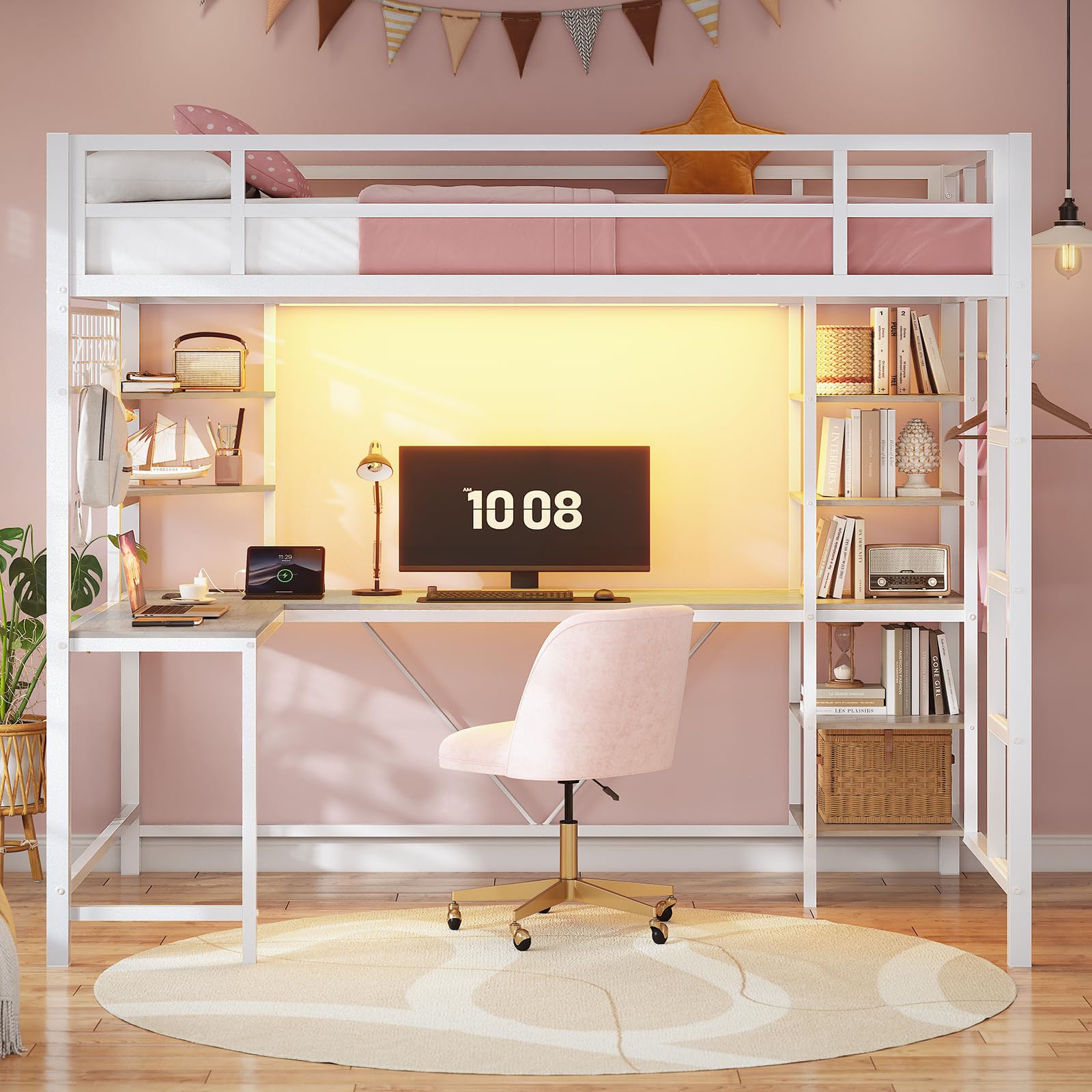 Loft Bed with Desk with Charging Station & LED Lights, Loft Bed Twin Size