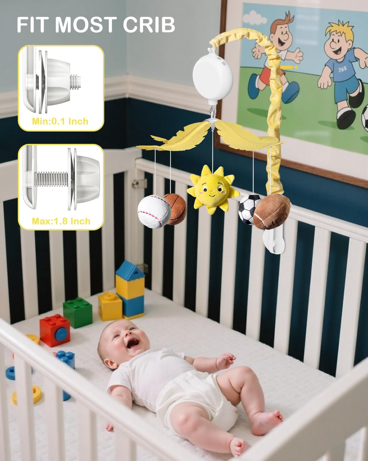 Sport-Themed Baby Crib Mobile with Music and Rotation